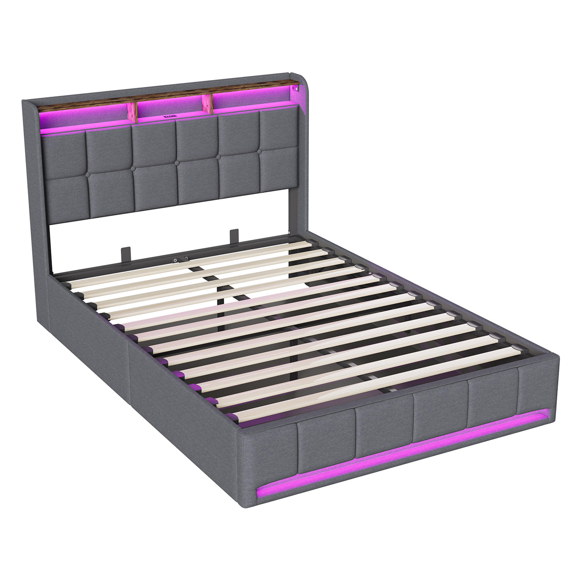 POLSTERBETT 140x190cm Grau Leinen Pneumatik LED USB-C - Grau, Metall - SHOPENTRA