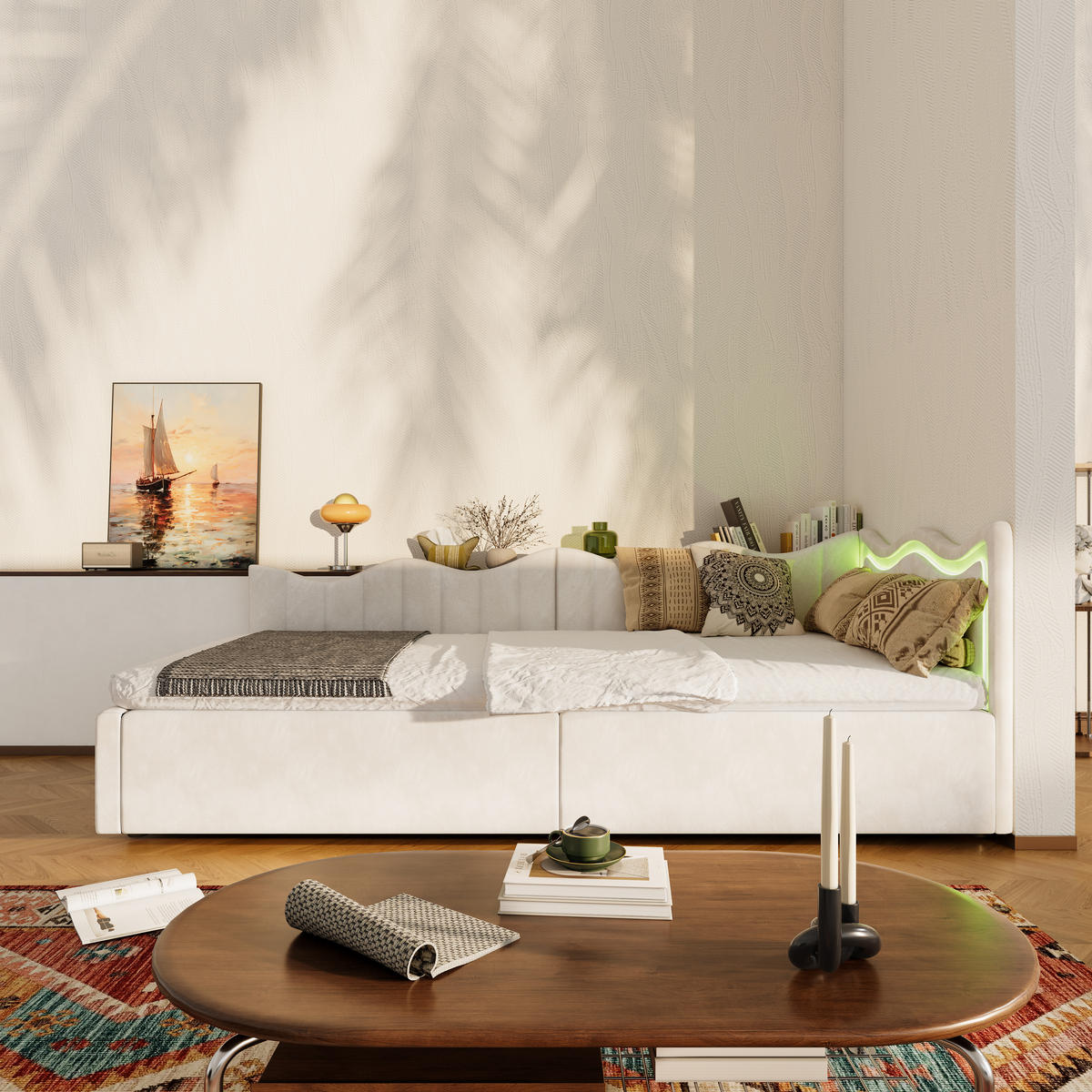 KINDERBETT/SCHLAFSOFA 90×200 cm Samt Weiß – Bett mit LED-Beleuchtung - Beige, Holz