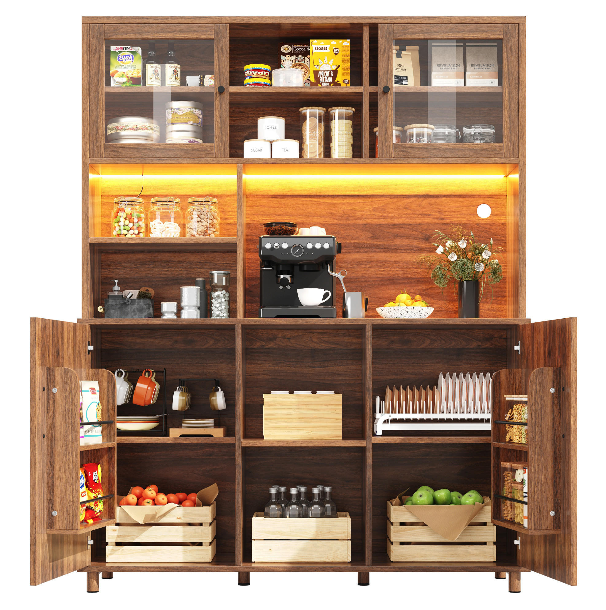 ANRICHTE Hochschrank 140/40/185 cm aus MDF und Glas mit LED-Beleuchtung und Schiebetüren Walnussbraun - Braun, Holzwerkstoff (140/185/40cm) - Modenvie