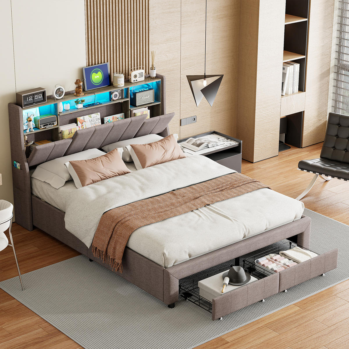 POLSTERBETT 140x200 cm mit 2 Schubladen & USB, grau - Grau, Metall (140/200cm)