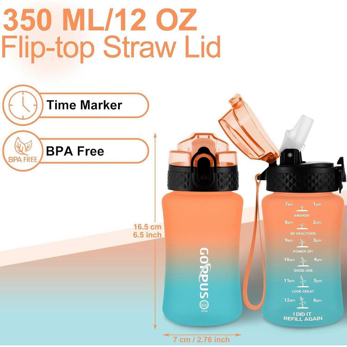 TRINKFLASCHE Kinder 350 ml mit Strohhalm und Zeitmarkierung - Multicolor, Kunststoff (7/16.5cm)