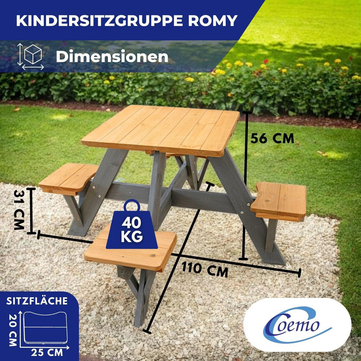 KINDER-PICKNICKTISCH ROMY 1 Tische 4 Sitze 109/109/56 cm - Braun, Holz - Coemo