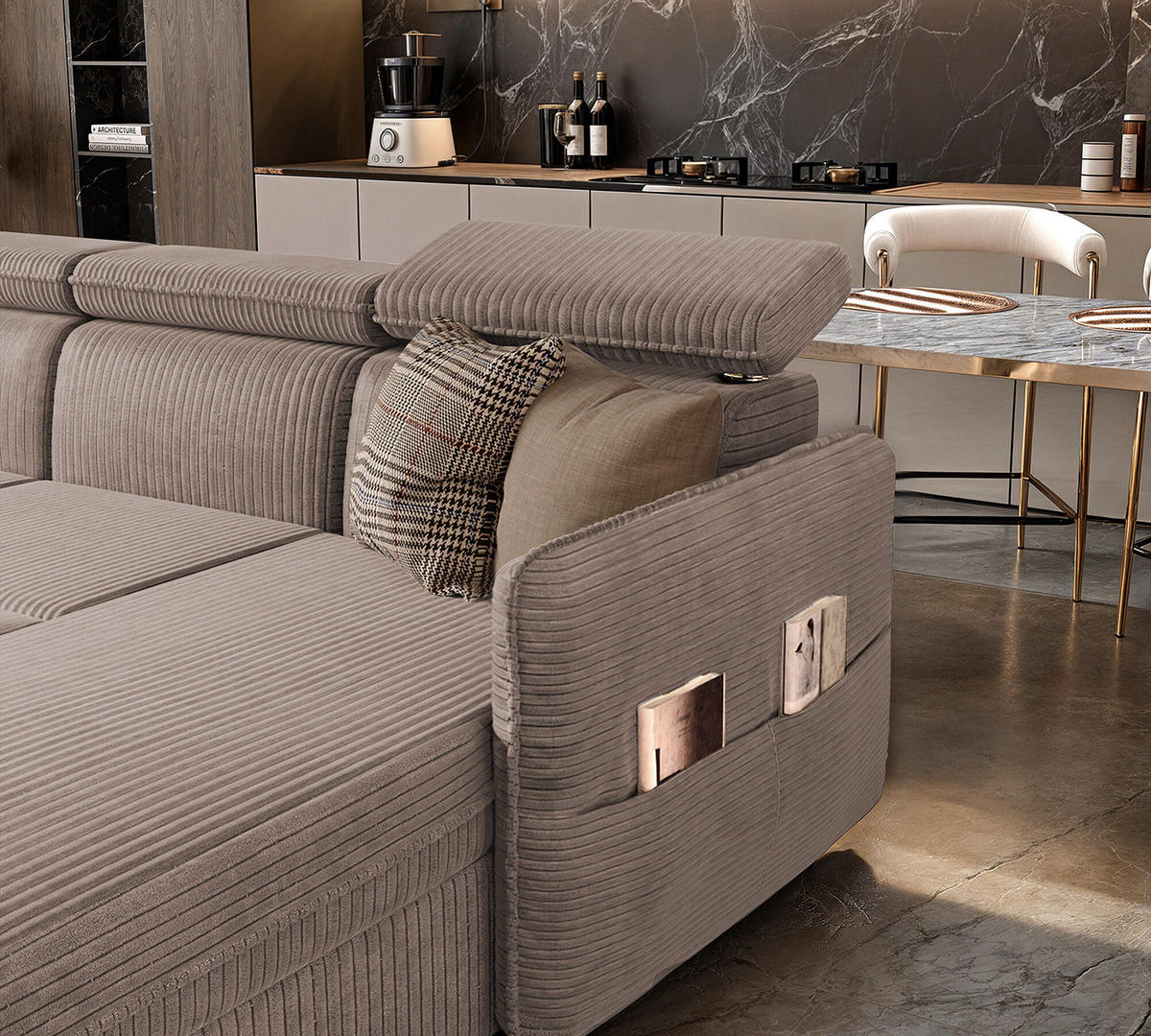 WOHNLANDSCHAFT U-Form Beni mit Schlaffunktion, Cord-Stoff Poso 02 Hellbraun - Hellbraun, Holzwerkstoff (286/60/166cm) - Idohome