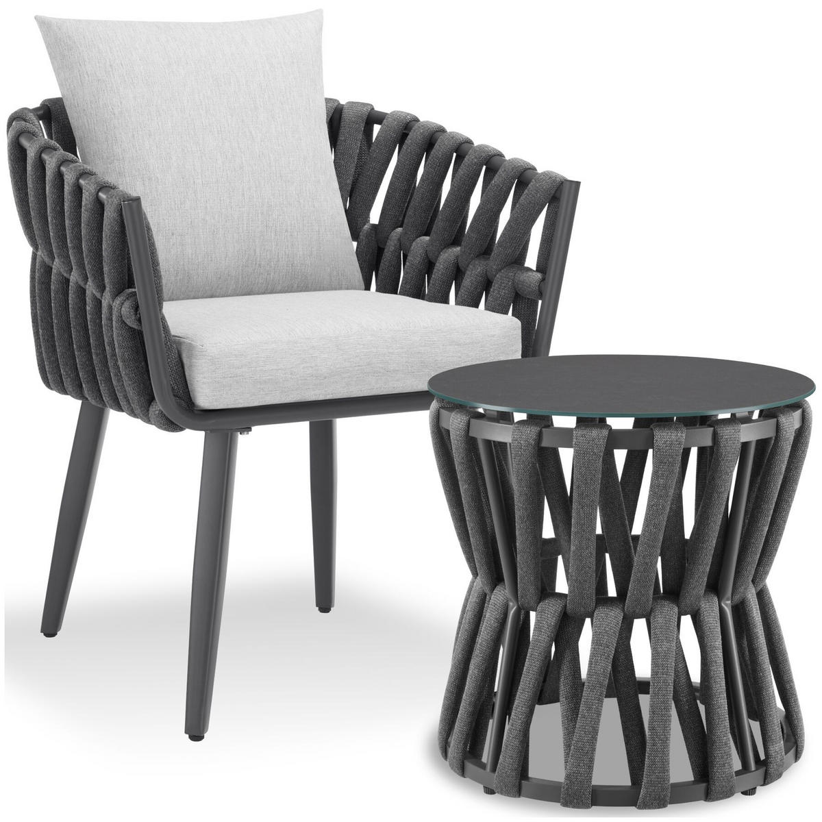 GARTENLOUNGE-SET Lugano, Rope-Design, Aluminium, anthrazit, Tisch Ø46cm & Stuhl 62,5x65,5x75cm - Anthrazit/Grau, Kunststoff/Metall - tectake