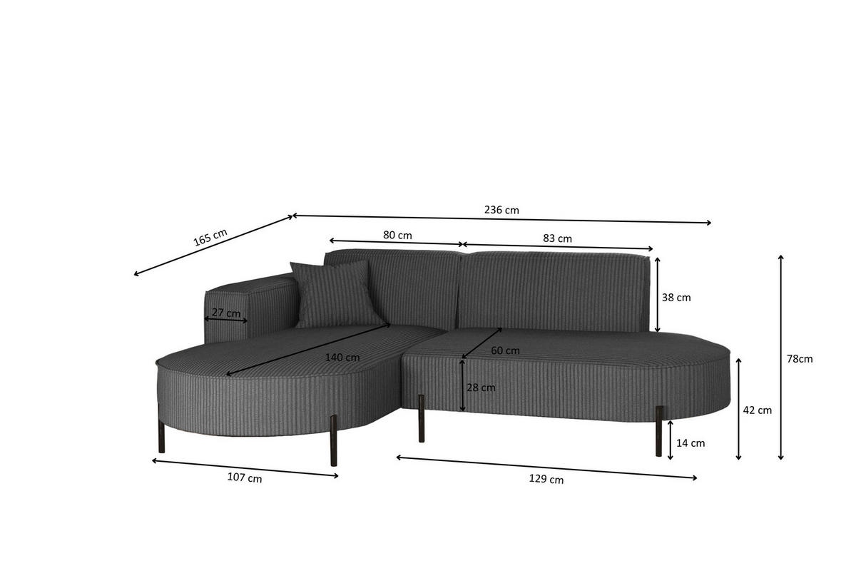 ECKSOFA L-Form Designer Modena Rein stoff Cord Graphit Links - Dunkelgrau, Holzwerkstoff (165/236cm) - Kaiser Möbel