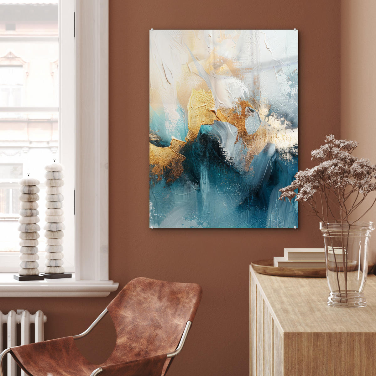 OBRAZ NA AKRYLOVOM SKLE Abstraktné - umenie - zlaté - modré 60x80 cm - petrolejová, sklo (60/80cm) - MuchoWow