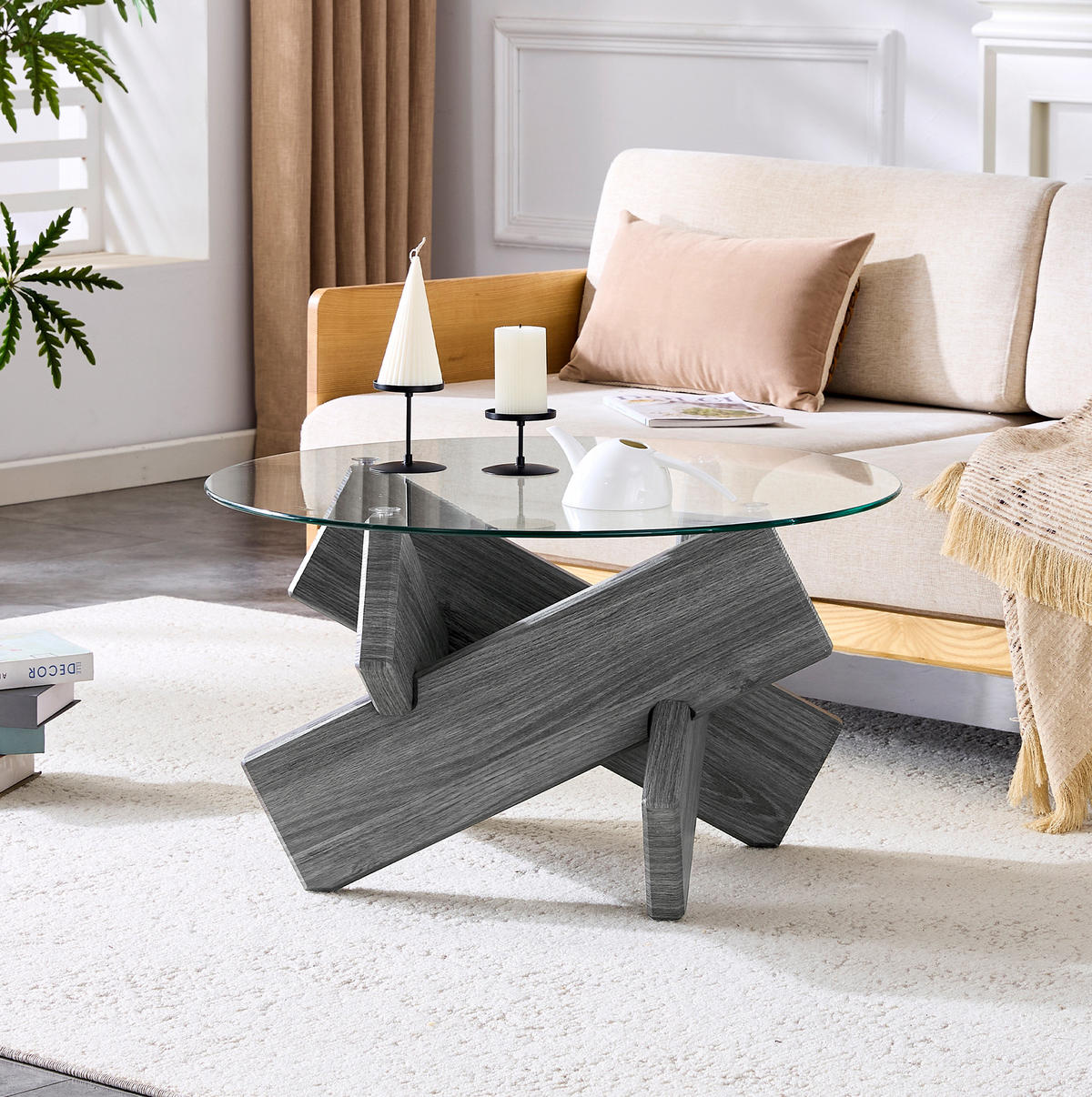 COUCHTISCH, MDF & Glas mit kreativer Kreuz-Stütze, graue Textur, 79/79/45 cm,grau - Grau, Holzwerkstoff (79/79/45cm) - Redom