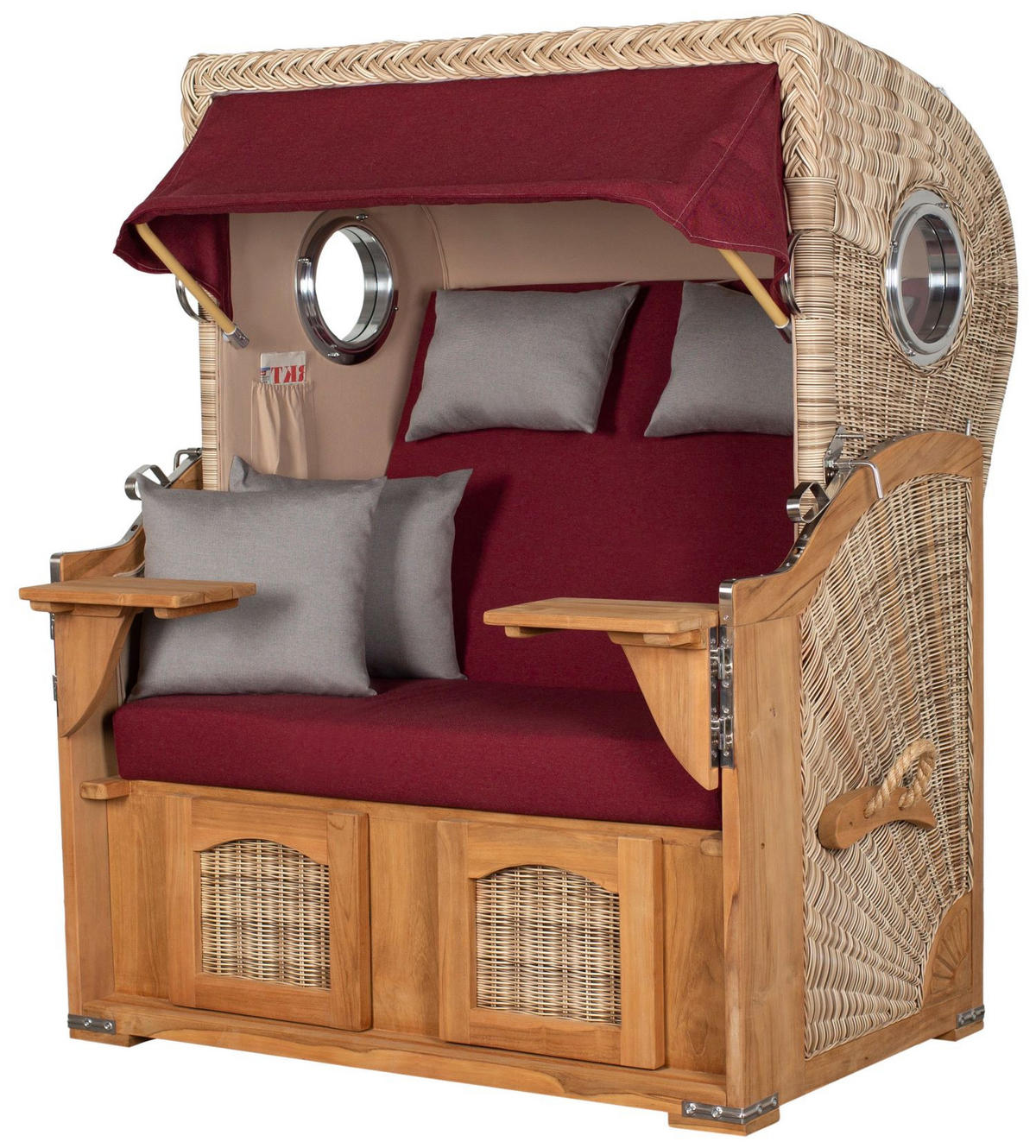 STRANDKORB Komplettset: Ammersee Teak Bullauge - PE shell - Modell 594 - Rot/Grau, Holz/Kunststoff (125/165/80cm) - bene living