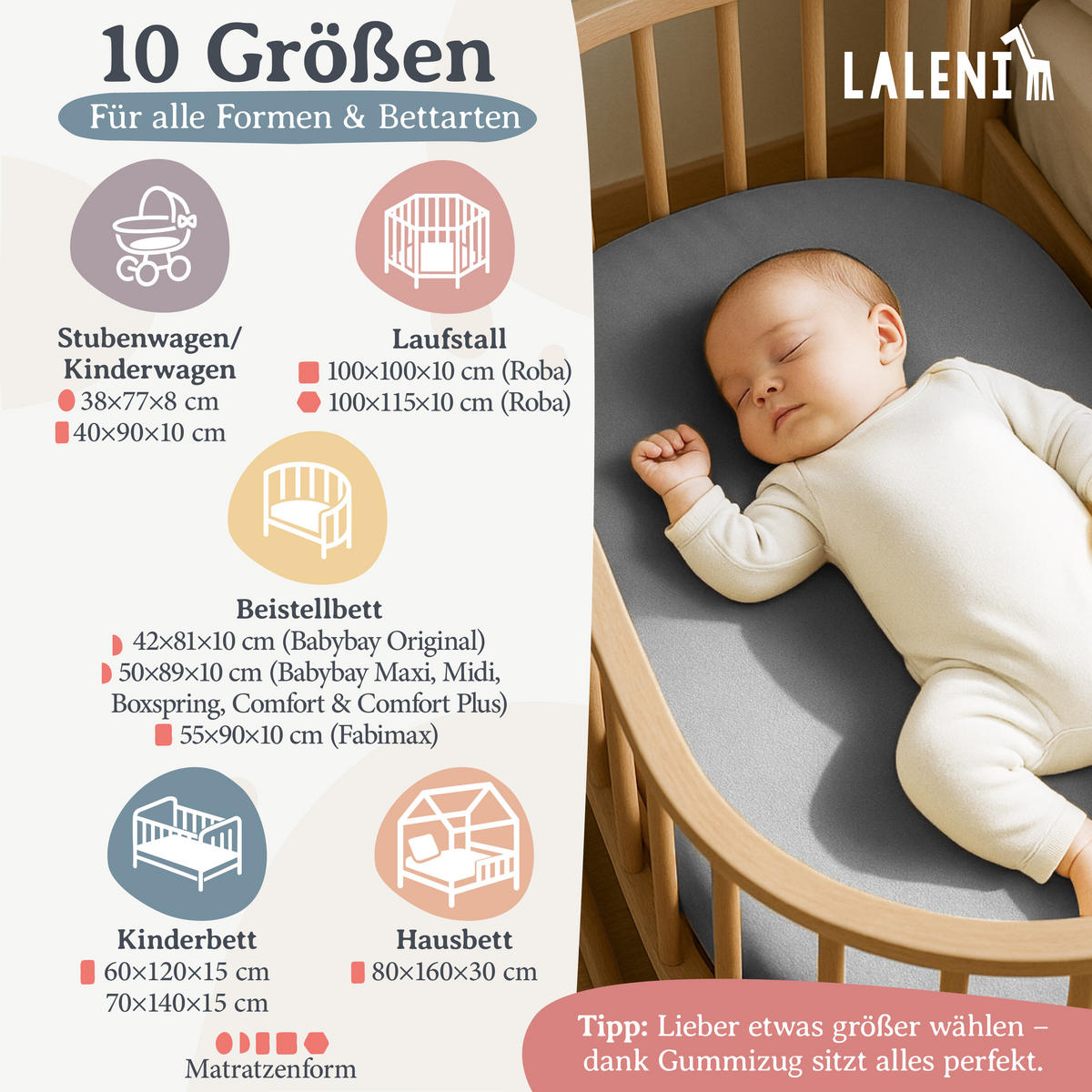 SPANNBETTLAKEN für Beistellbett & Stubenwagen – 100% Baumwolle, Atmungsaktiv & Weich, 50x89x10 cm, Grau - Grau, Textil (50/89cm) - Laleni