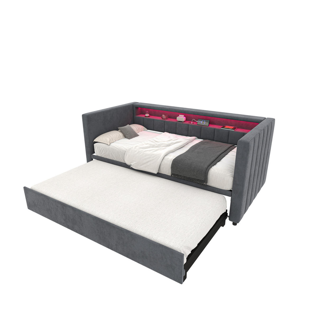 AUSZIEHBETT 90/180×190 cm aus Samt in Dunkelgrau mit LED und USB-Anschlüssen - Dunkelgrau, Textil (80/200cm) - Flora Grace