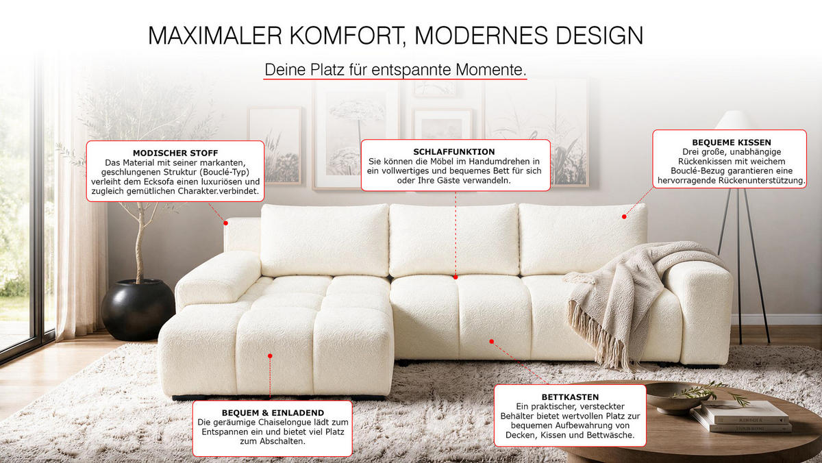 ECKSOFA Ovia mit Bettkasten und Schlaffunktion, Bouclé-Stoff in L-Form - Beige, Textil (270/185cm)