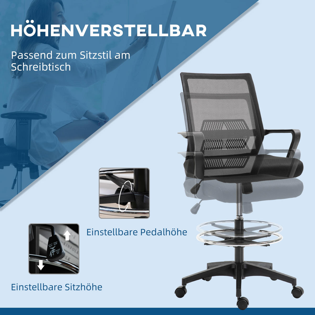 BÜROSTUHL Ergonomischer Schreibtischstuhl verstellbarer Fußring, Wippfunktion - Schwarz, Kunststoff (59/124/64cm) - Vinsetto