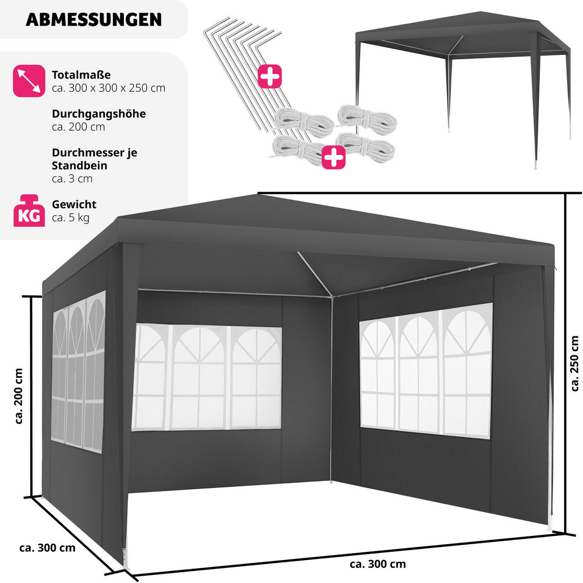 PAVILLON Baraban,inklusive Spannseile und Heringe,grau - Grau, Kunststoff (300/250/300cm) - tectake
