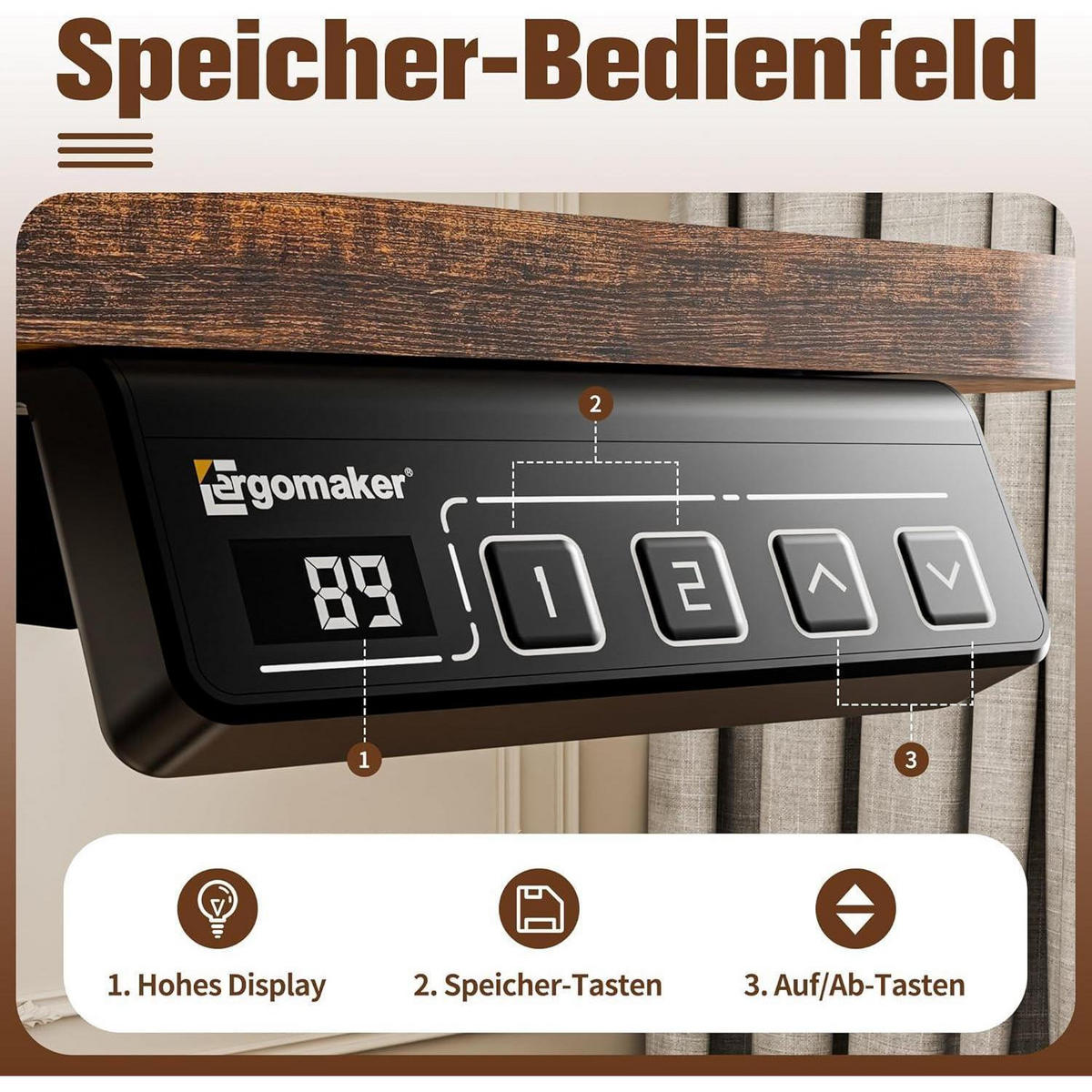 SCHREIBTISCH höhenverstellbar elektrisch 90 x 60 cm Braun - Braun, Holzwerkstoff (90/60/118cm)
