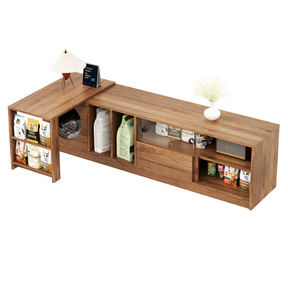 TV-ELEMENT mit Couchtisch - Kombination 2er-Set mit Katzenkorb Nussbaum - Nussbaumfarben, Holzwerkstoff (180/50/40cm) - OKWISH