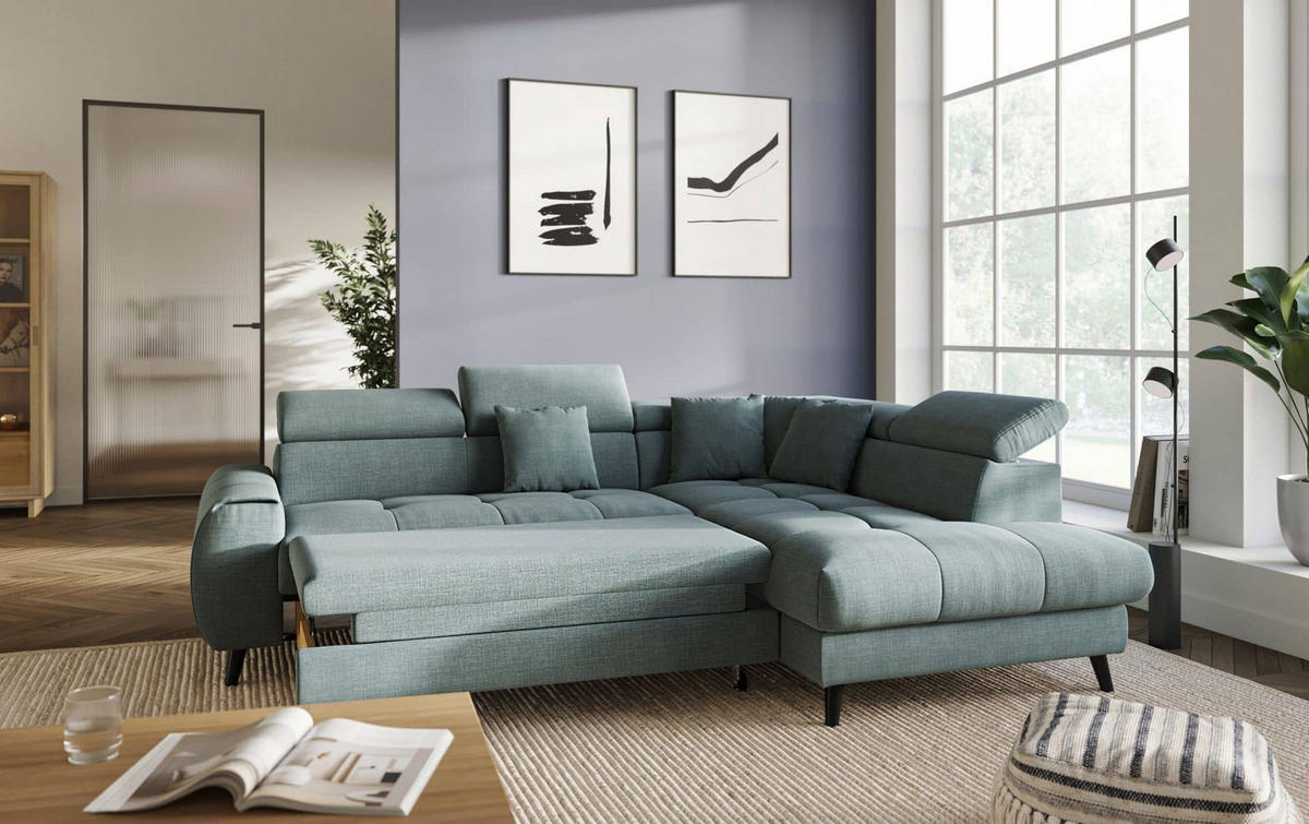 ECKSCHLAFSOFA mit Bettkasten und induktiver Ladefläche + LED - Schwarz/Grün, Holz/Textil (195/246cm) - Cotta