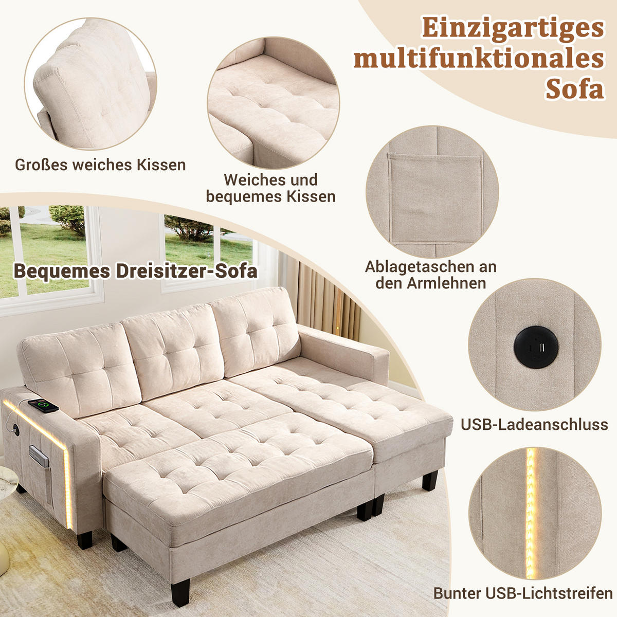 SCHLAFSOFA 185/135/85 cm Beige mit beweglicher Fußbank und LED-Ambiente-Beleuchtung - Beige, Textil (185/85/135cm) - Oxeza