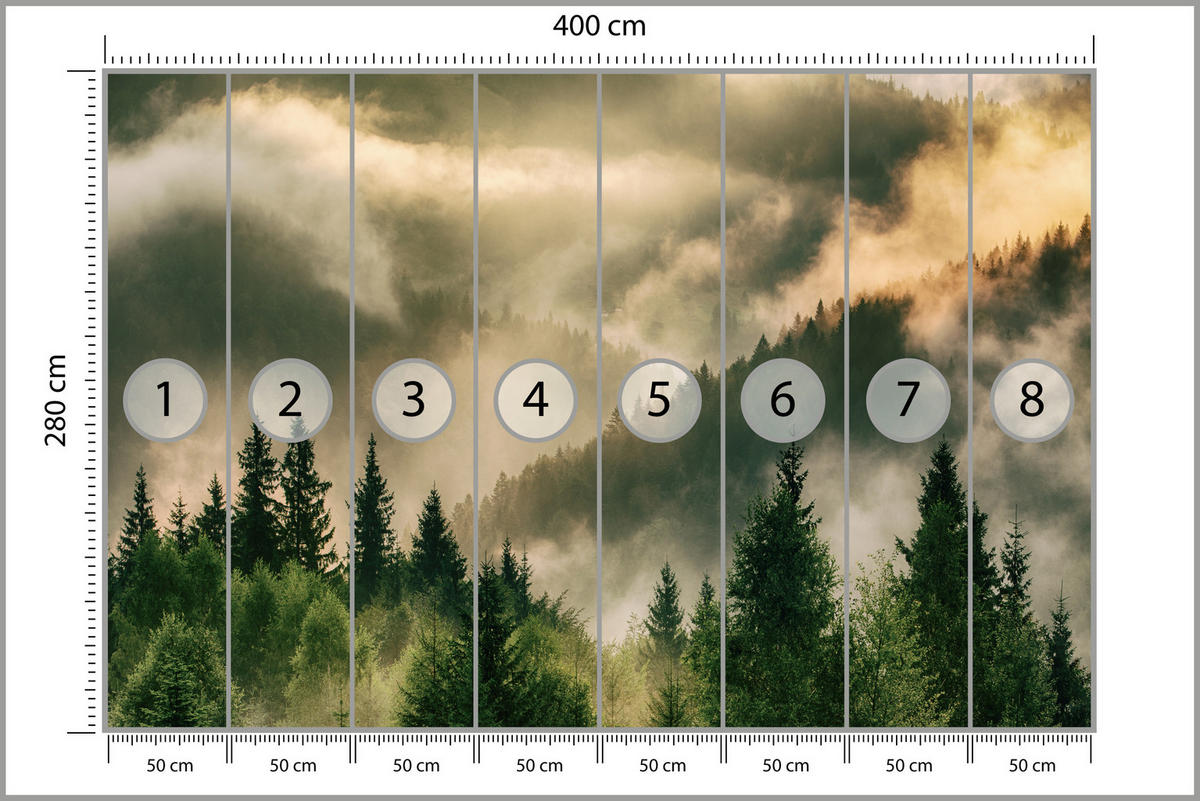 FOTOTAPETE für Wohnzimmer Neblige Landschaft Bergwald Nadelbäume 400x280 - Gelb/Orange, Papier (400/280cm) - Muralo