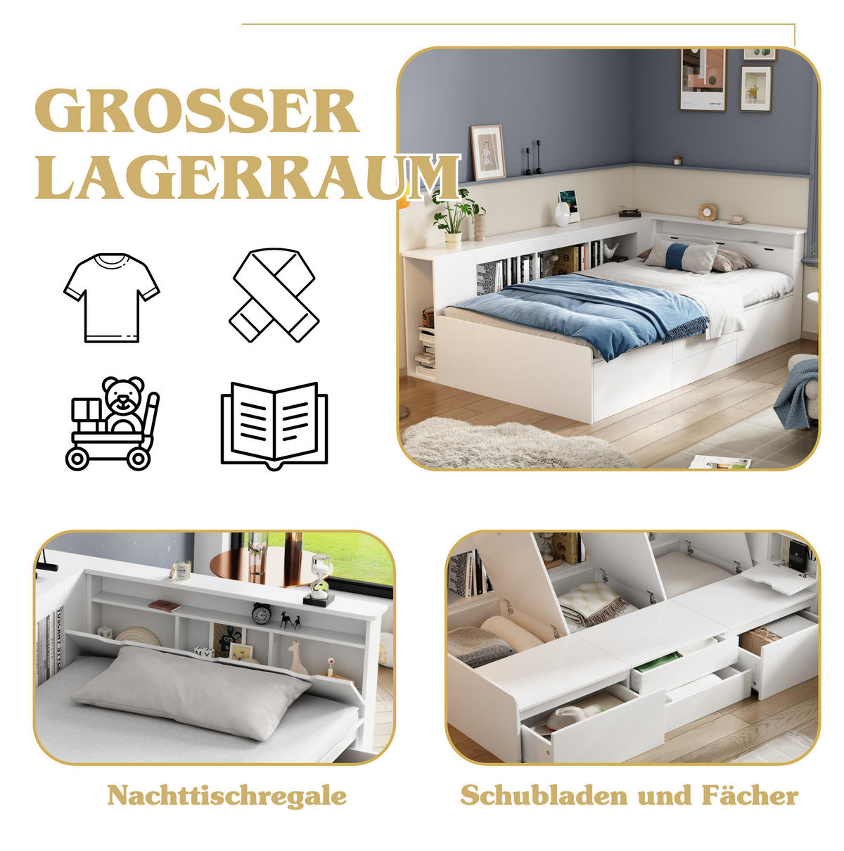KINDERBETT 90/200 cm aus MDF mit 4 Schubladen, Bücherregal und Stauraum Weiß - Weiß, Holzwerkstoff (90/200cm) - Modenvie