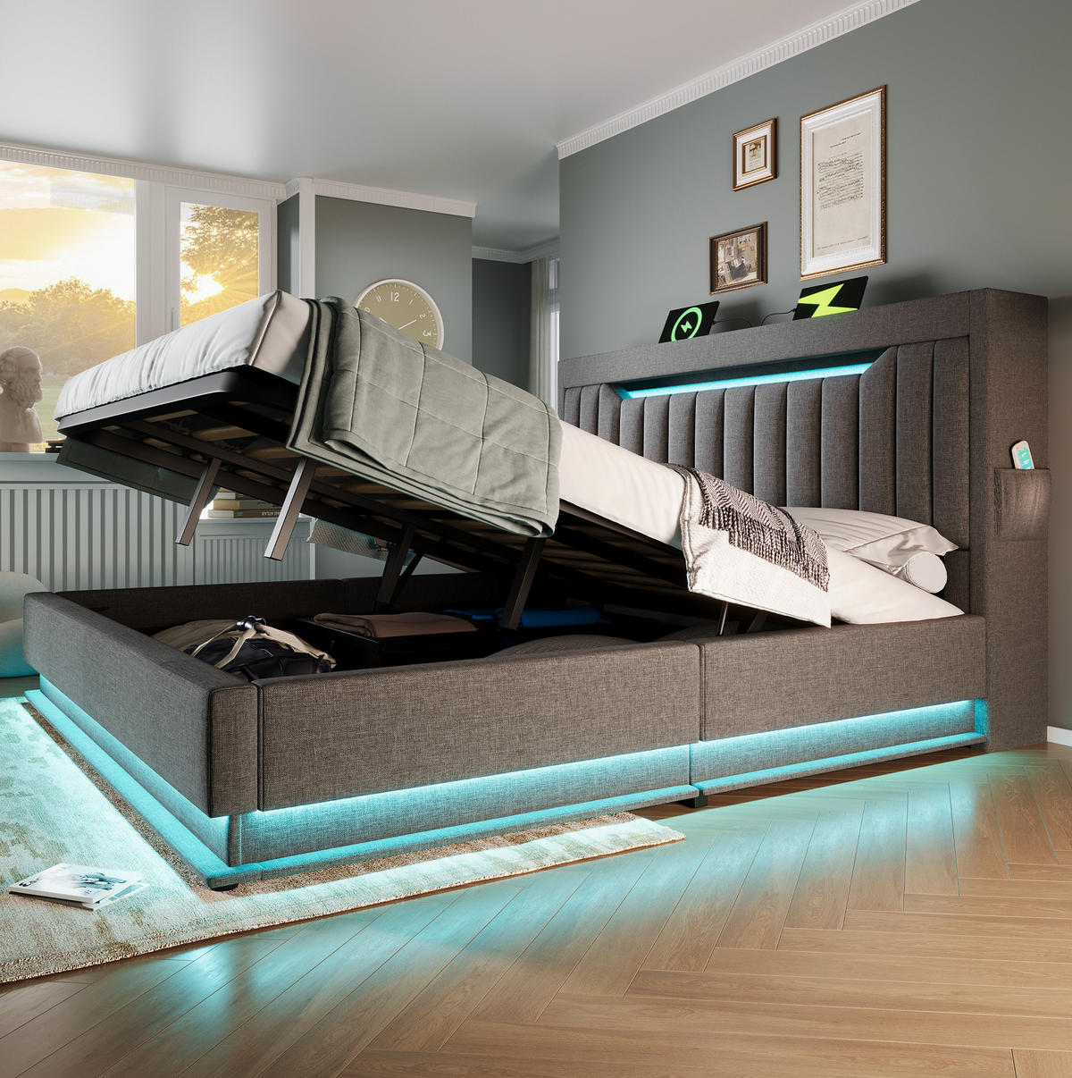 POSTEL 140/200 cm šedá z lnu s LED osvětlením, úložným čelem a USB nabíjením - šedá, textil (140/200cm) - OKWISH