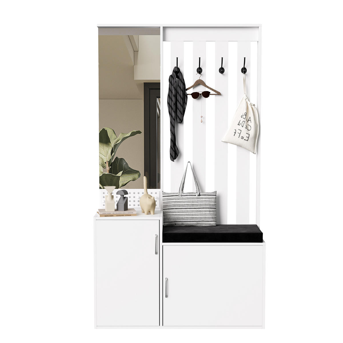 GARDEROBEN-SET WEISS mit Spiegel und Schuhbank, Schublade 100x40x180 cm - Weiß, Holz (100/180/40cm) - EuroLiving
