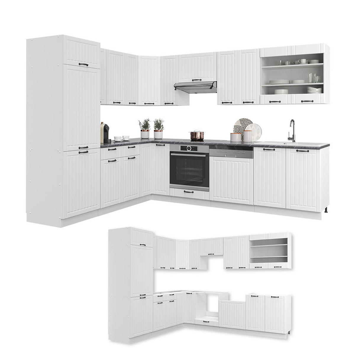 ECKKÜCHE Fame-Line Weiß Landhaus/Weiß 227 x 60 cm ohne AP - Weiß, Holzwerkstoff (287/81.6/46cm) - Vicco