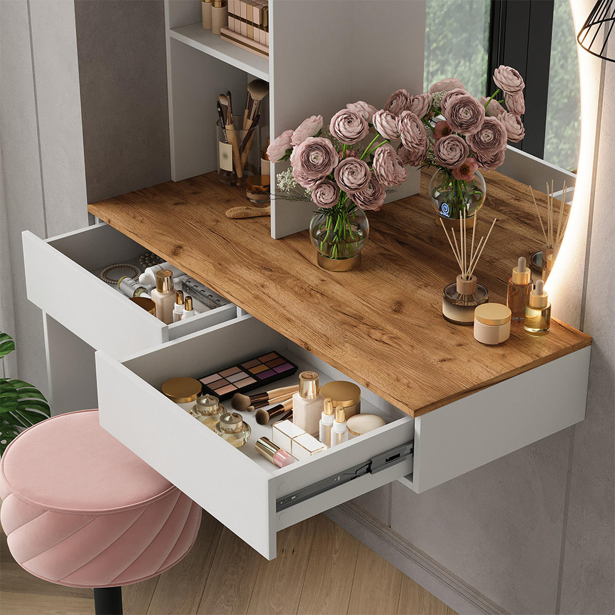 SCHMINKTISCH Melora Weiß/Eiche 100 cm mit LED-Spiegel - Weiß, Holzwerkstoff (100/155/40cm) - Vicco