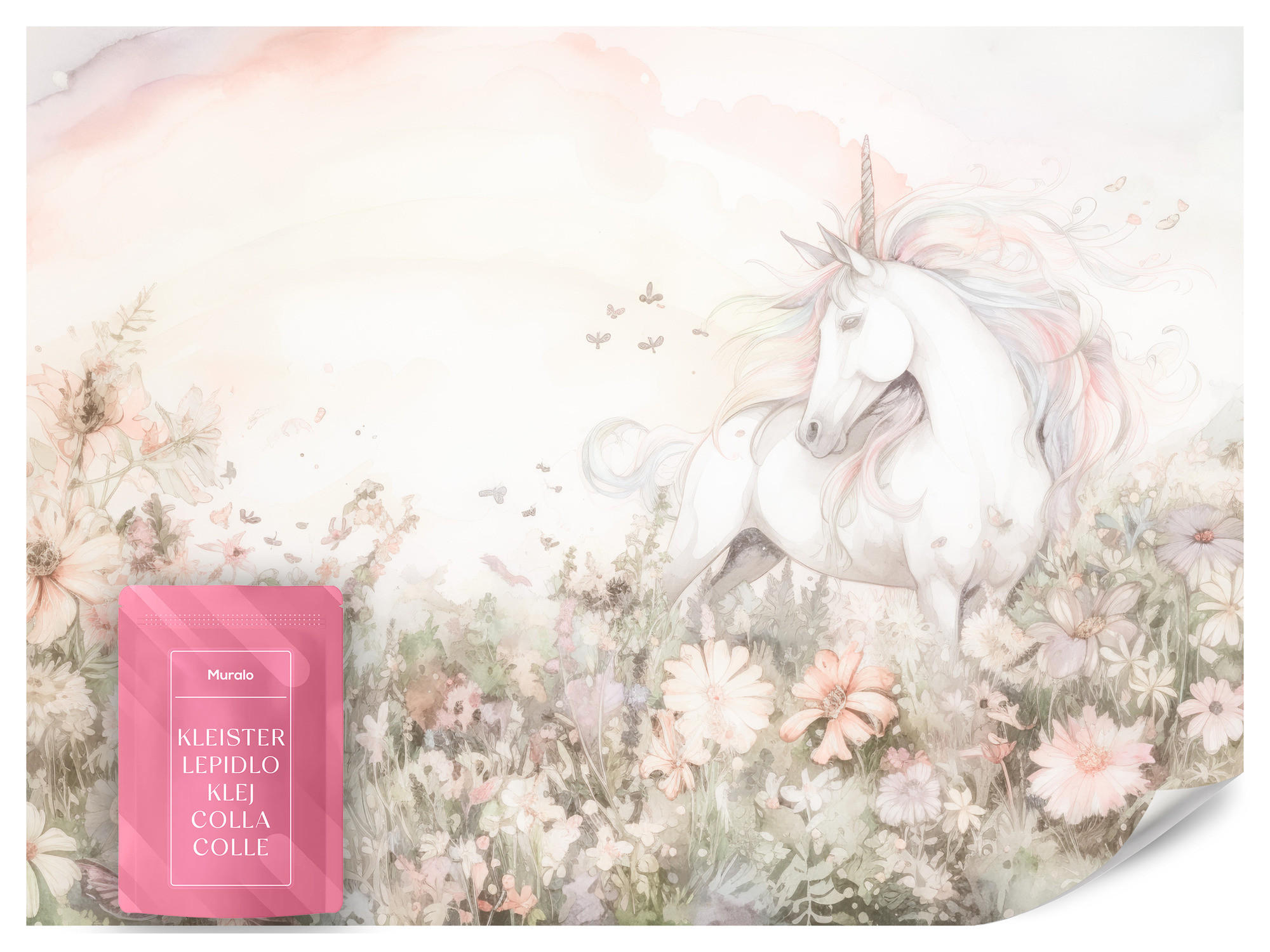 FOTOTAPETE für Kinder Einhorn Blumen Aquarell 350x256 - Gelb/Beige, Papier (350/256cm) - Muralo