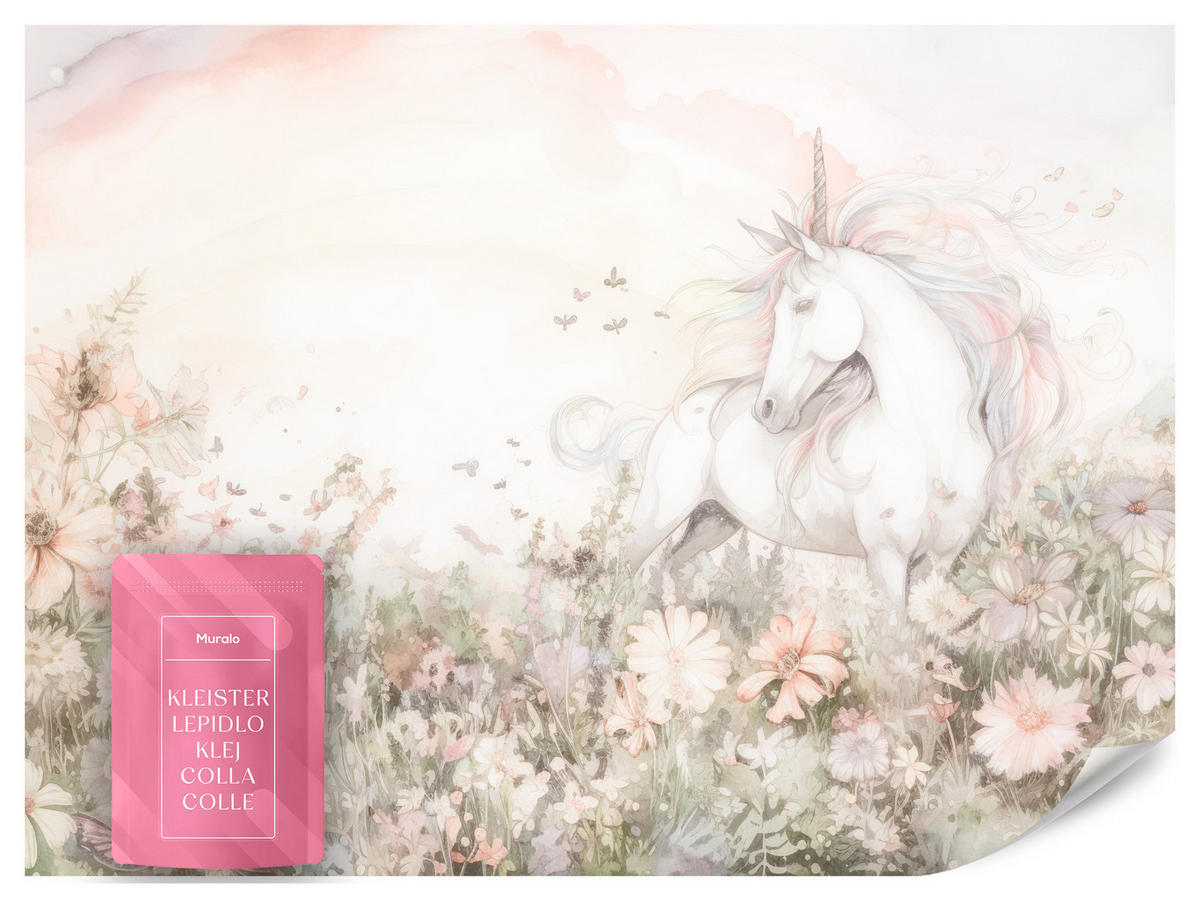 FOTOTAPETE für Kinder Einhorn Blumen Aquarell 350x256 - Gelb/Beige, Papier (350/256cm) - Muralo