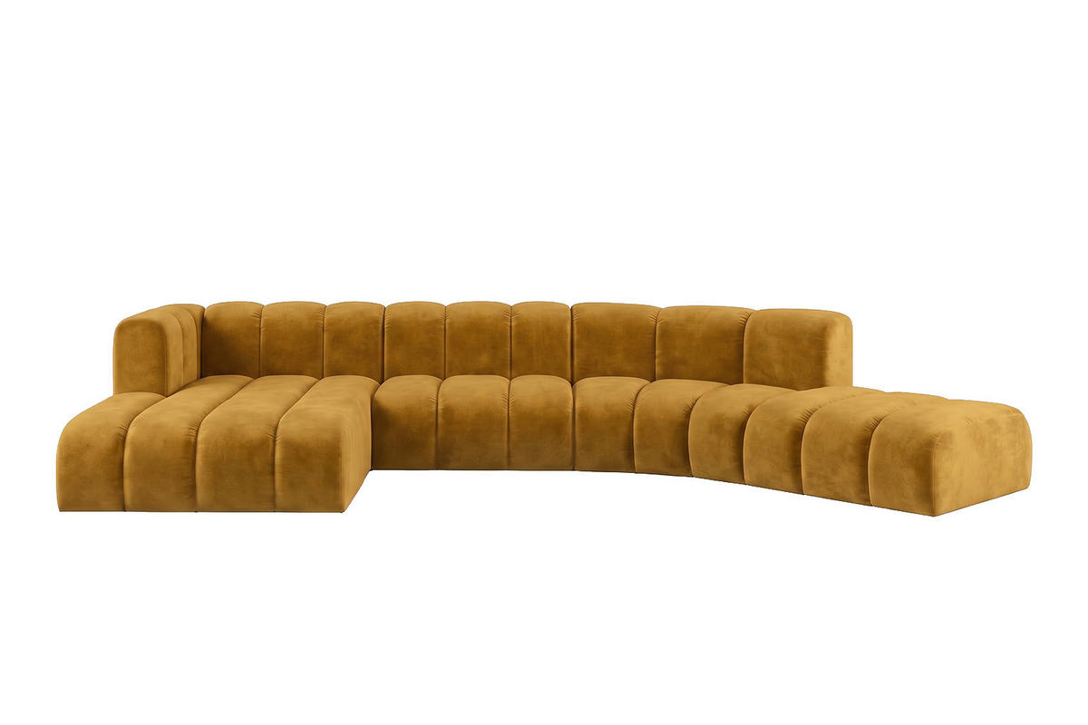 ECKSOFA Modulares In L-Form, Velvet-Stoff Riviera, Senffarbe, Links, GRAND Round - Gelb, Holz (445/179cm) - Kaiser Möbel