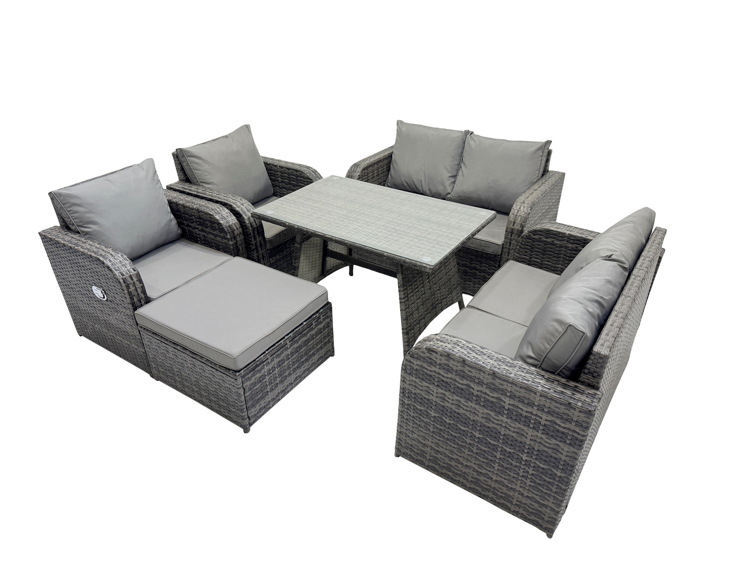 BALKONSET mit ESSTISCH SOFA Polyrattan Dunkelgrau 7-Sitzer - Dunkelgrau/Grau, Glas/Kunststoff - Fimous