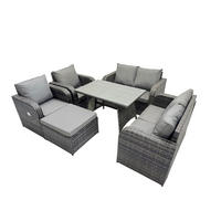 BALKONSET mit ESSTISCH SOFA Polyrattan Dunkelgrau 7-Sitzer - Dunkelgrau/Grau, Glas/Kunststoff - Fimous