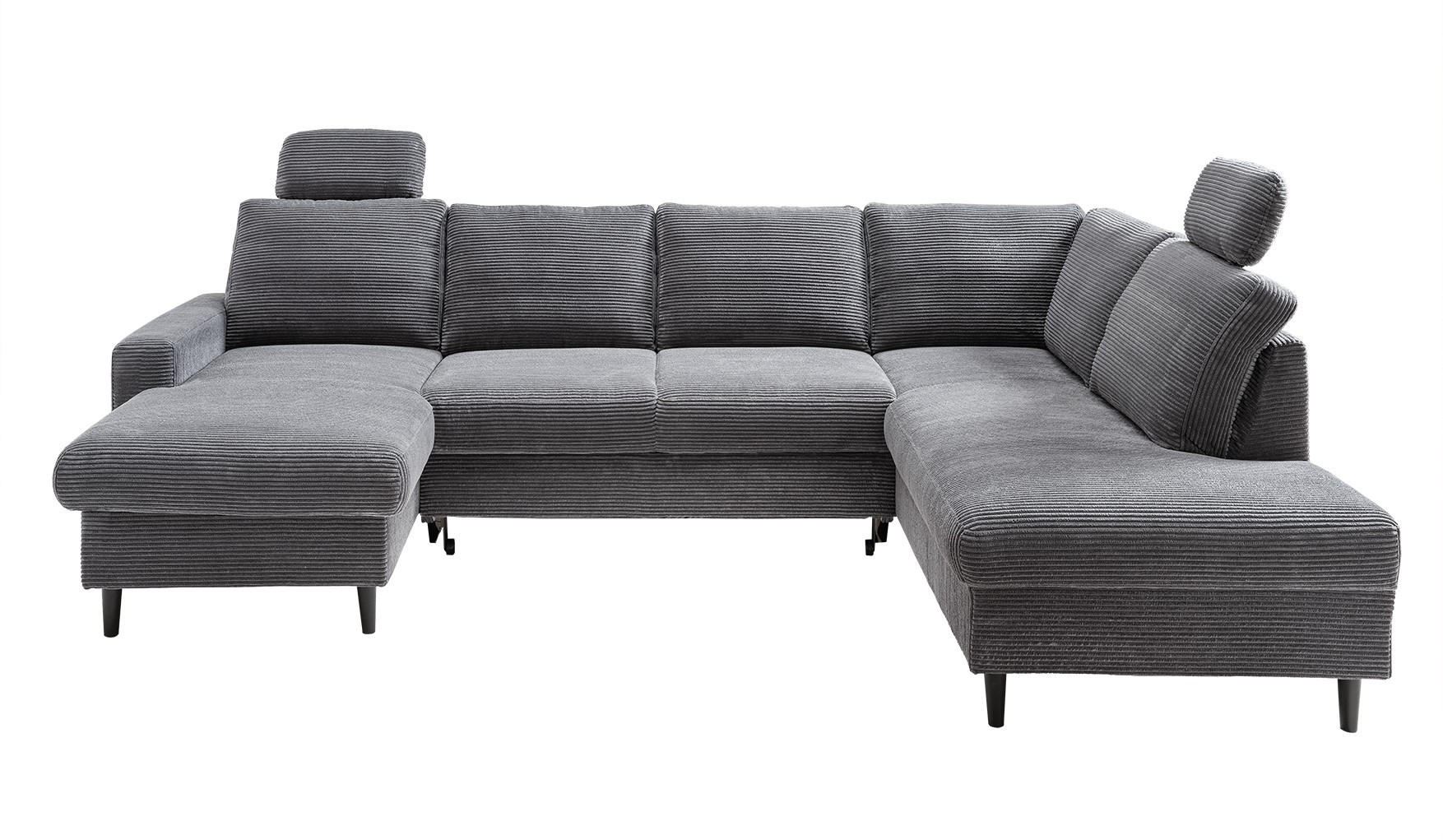 WOHNLANDSCHAFT mit Schlaffunktion Bettkasten Wellenunterfederung, 2 Kopfstützen, U-Form B305/T200/H88 cm, Cord Grau Anthrazit / 17206 - Schieferfarben/Anthrazit, Holz/Textil (305/88/200cm) - luma-home