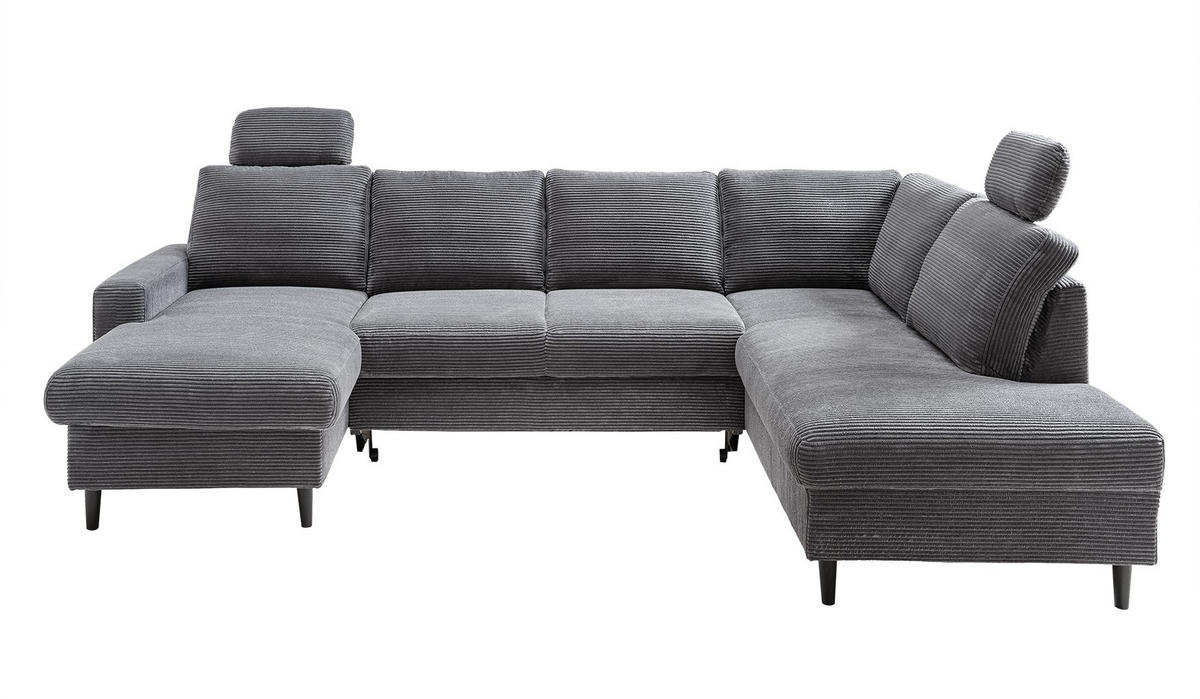 WOHNLANDSCHAFT mit Schlaffunktion Bettkasten Wellenunterfederung, 2 Kopfstützen, U-Form B305/T200/H88 cm, Cord Grau Anthrazit / 17206 - Schieferfarben/Anthrazit, Holz/Textil (305/88/200cm) - luma-home