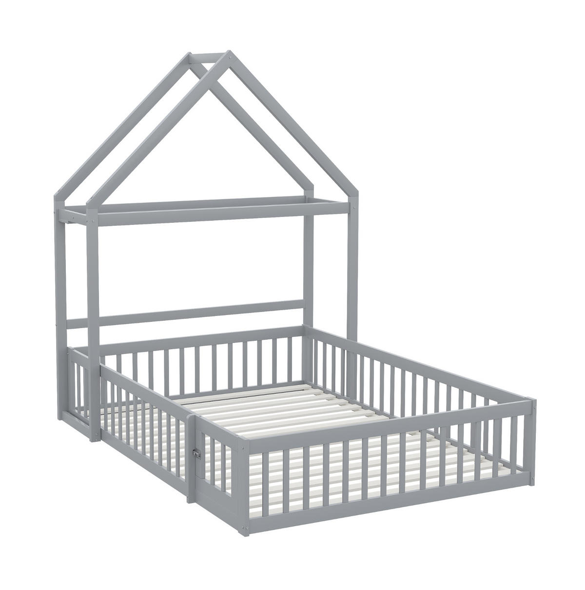 KINDERBETT 140/200 cm mit Dach, Stauraum, Tür und Lattenrost, Grau - Grau, Holzwerkstoff (140/200cm) - Redom