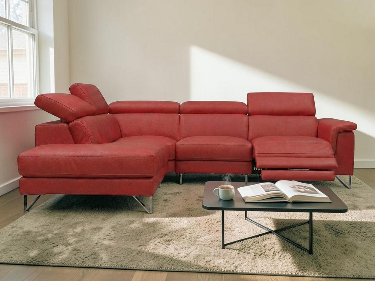 ECKSOFA Antares Echtleder mit 1 x Relaxfunktion Rot - Rot, Leder/Metall (224/276cm)