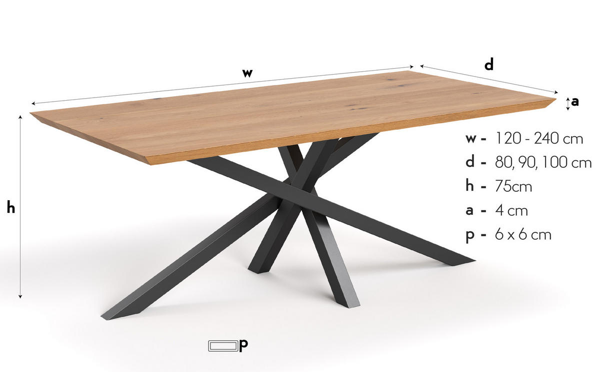 ESSTISCH Slant aus massivem Eichenholz 140x80 cm - Eichefarben/Schwarz, Holz/Metall (140/80/75cm) - Danzz