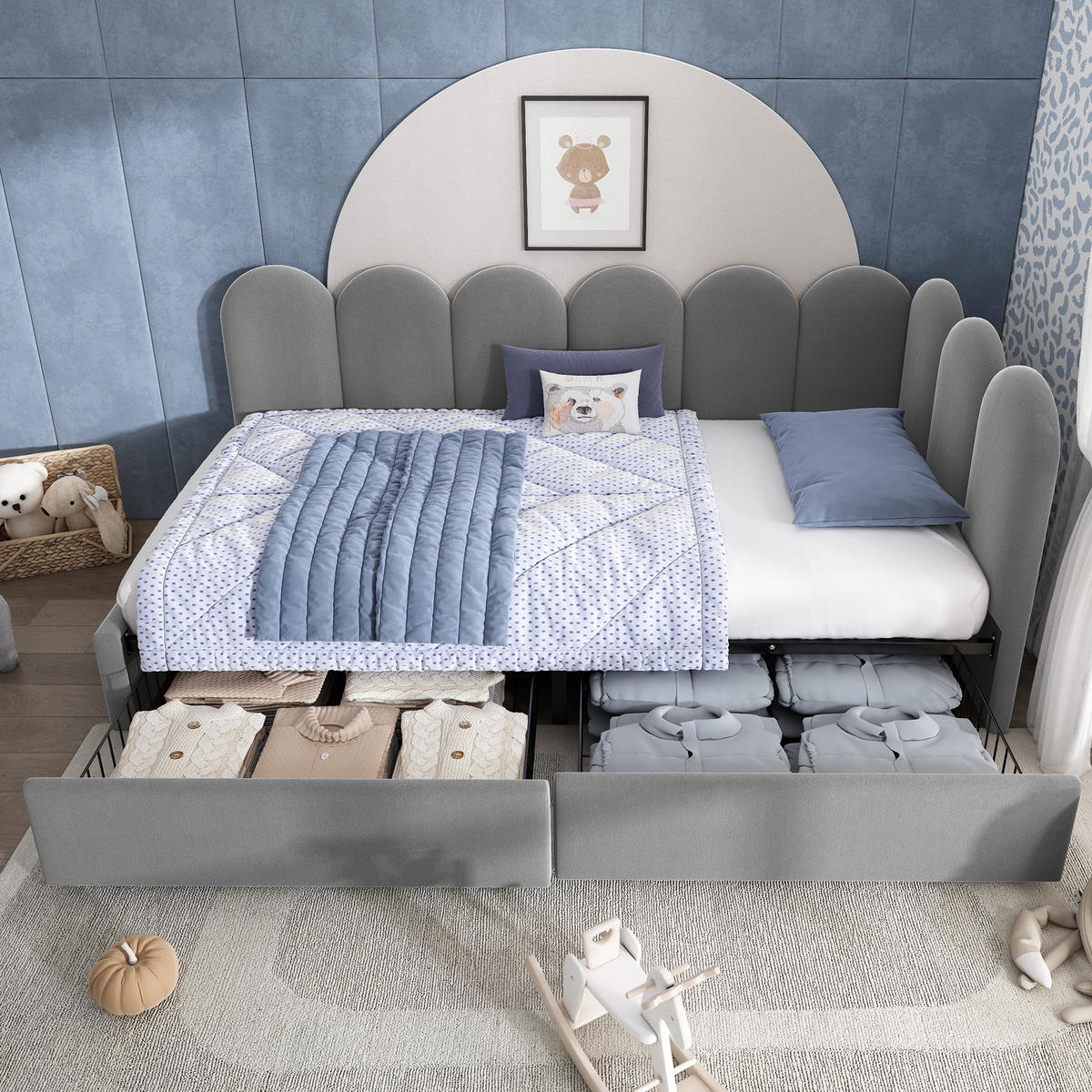 POLSTERBETT 90/190 cm aus Samt mit 2 Schubladen und variabel montierbarer L-Form Grau - Grau, Textil (90/190cm) - Modenvie