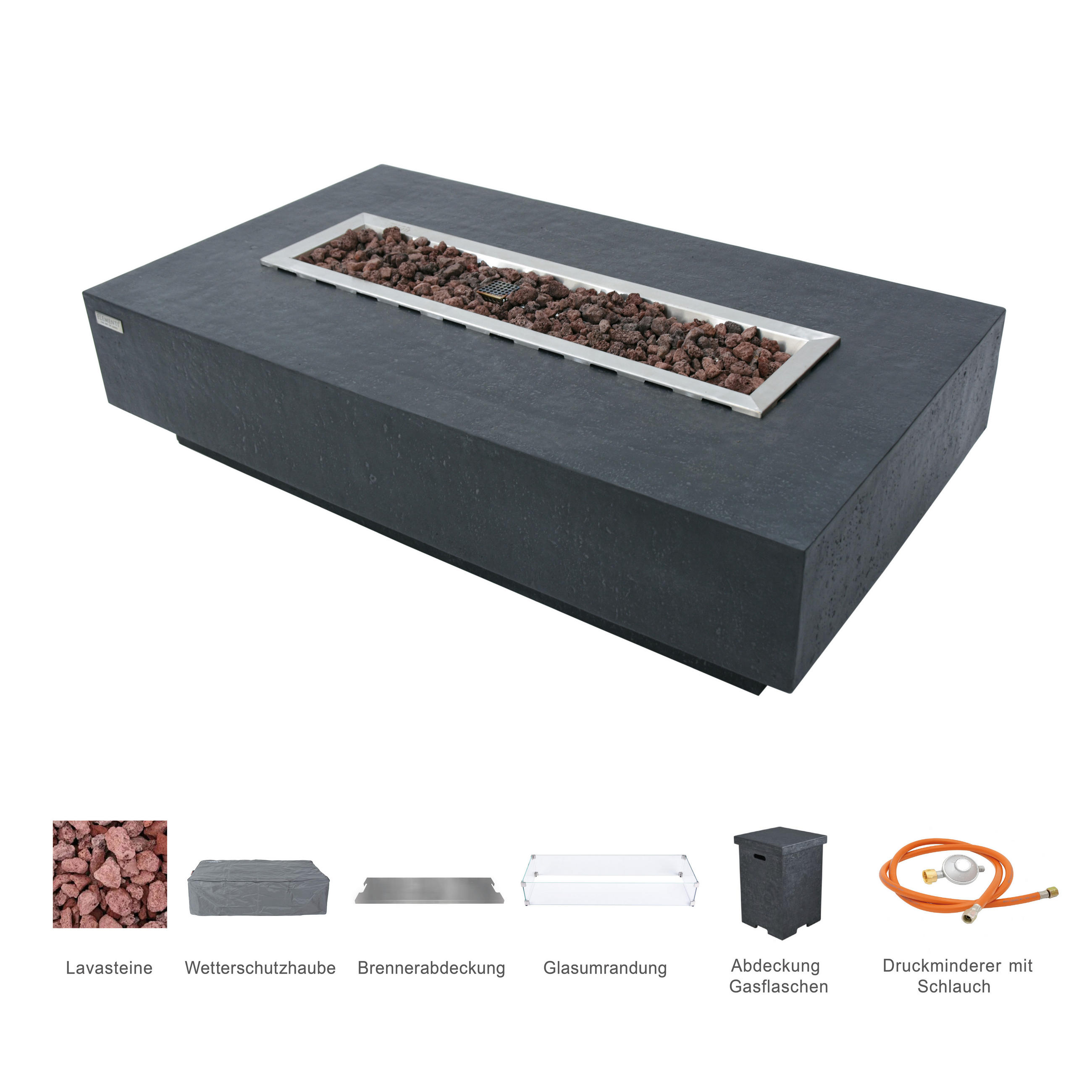 FEUERTISCH HAMPTON Gasfeuerstelle aus GF-Beton - 4-tlg. Set inkl. Glasumrandung, Brennerabdeckung und Gasflaschen-Abdeckung - Dunkelgrau, Naturmaterialien (81/35/142cm) - Elementi