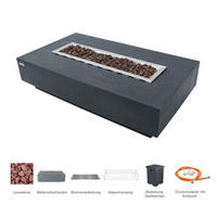 FEUERTISCH HAMPTON Gasfeuerstelle aus GF-Beton - 4-tlg. Set inkl. Glasumrandung, Brennerabdeckung und Gasflaschen-Abdeckung - Dunkelgrau, Naturmaterialien (81/35/142cm) - Elementi