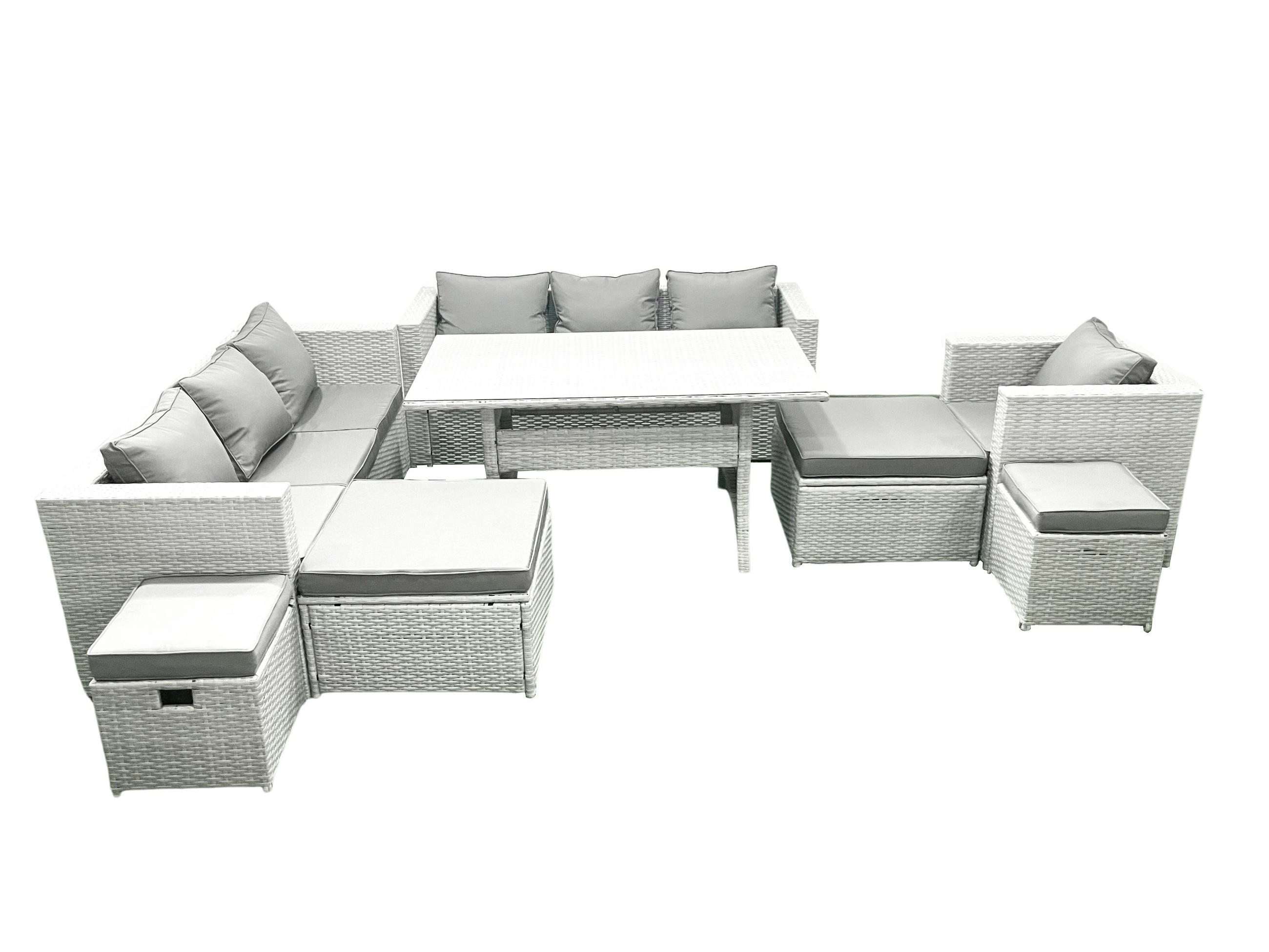 GARTENSET mit Esstisch,Sofa,4 Fußhocker,Stuhl Polyrattan Hellgrau 11-Sitzer - Hellgrau/Grau, Glas/Kunststoff - Fimous
