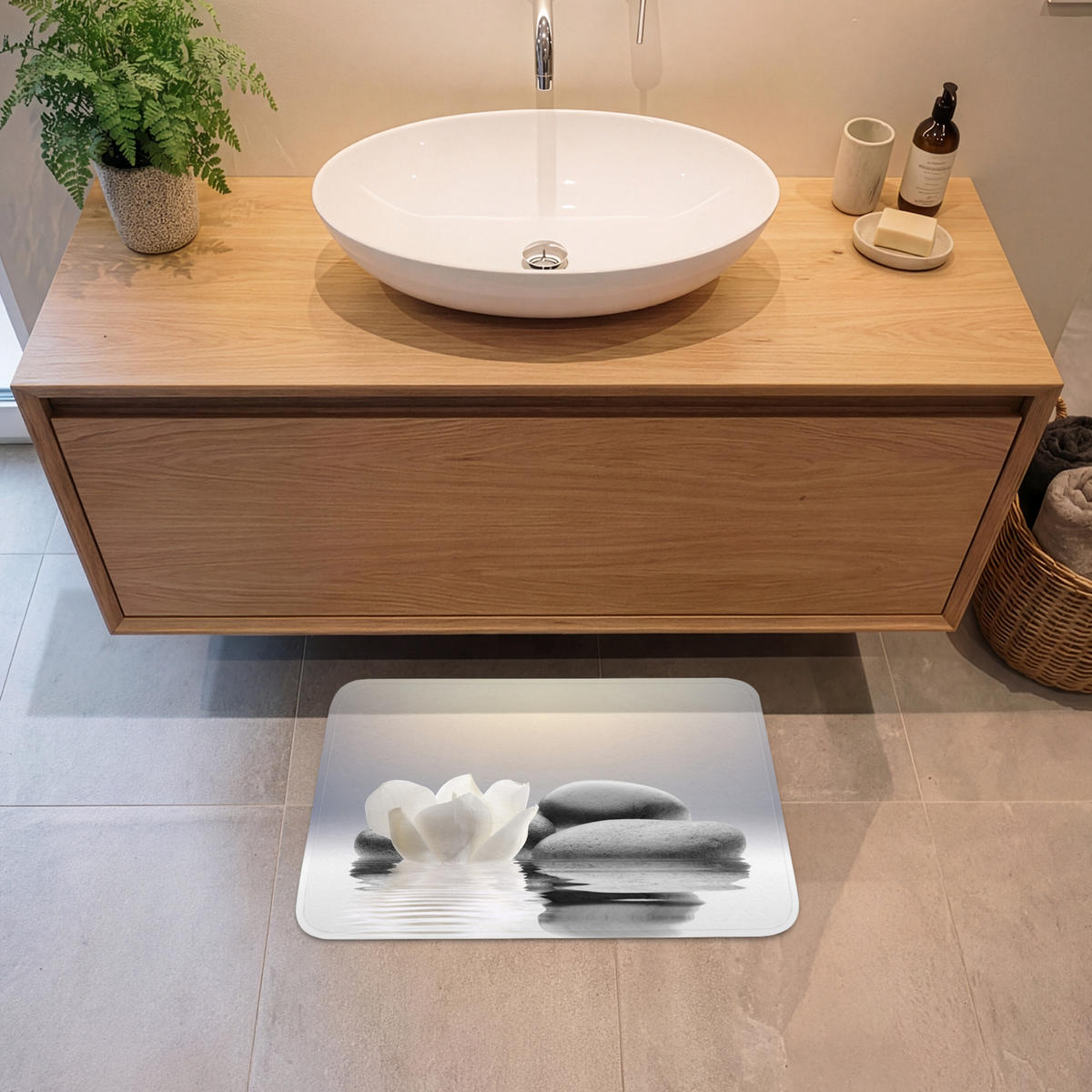 KOUPELNOVÁ PŘEDLOŽKA Kameny - Lotos - Bílý - Voda - Zen 60x40 cm - bílá, textil/plast (60/40cm) - OnlyWow