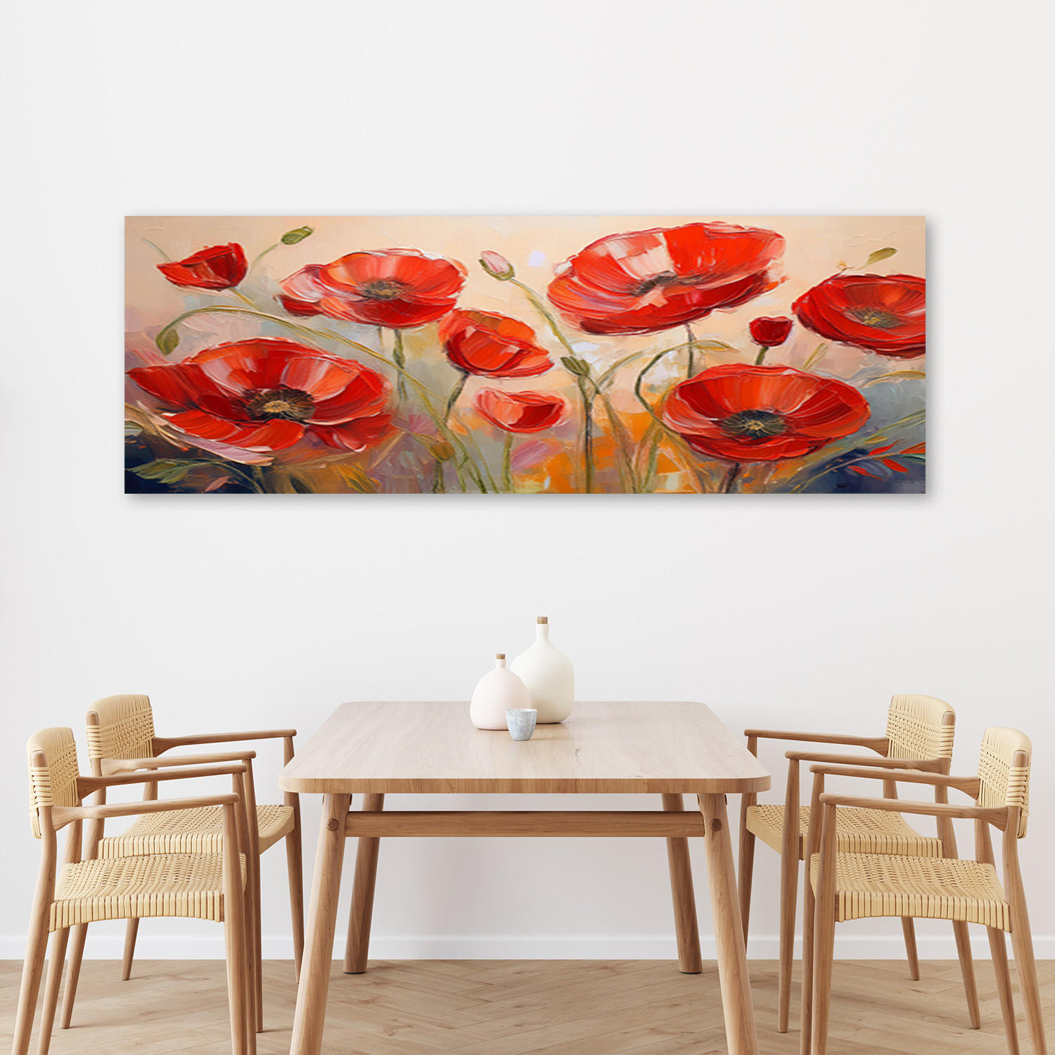 WANDBILD bemalte mohnblumen mit roten blumen - Rot, Textil (90/30cm) - Feeby