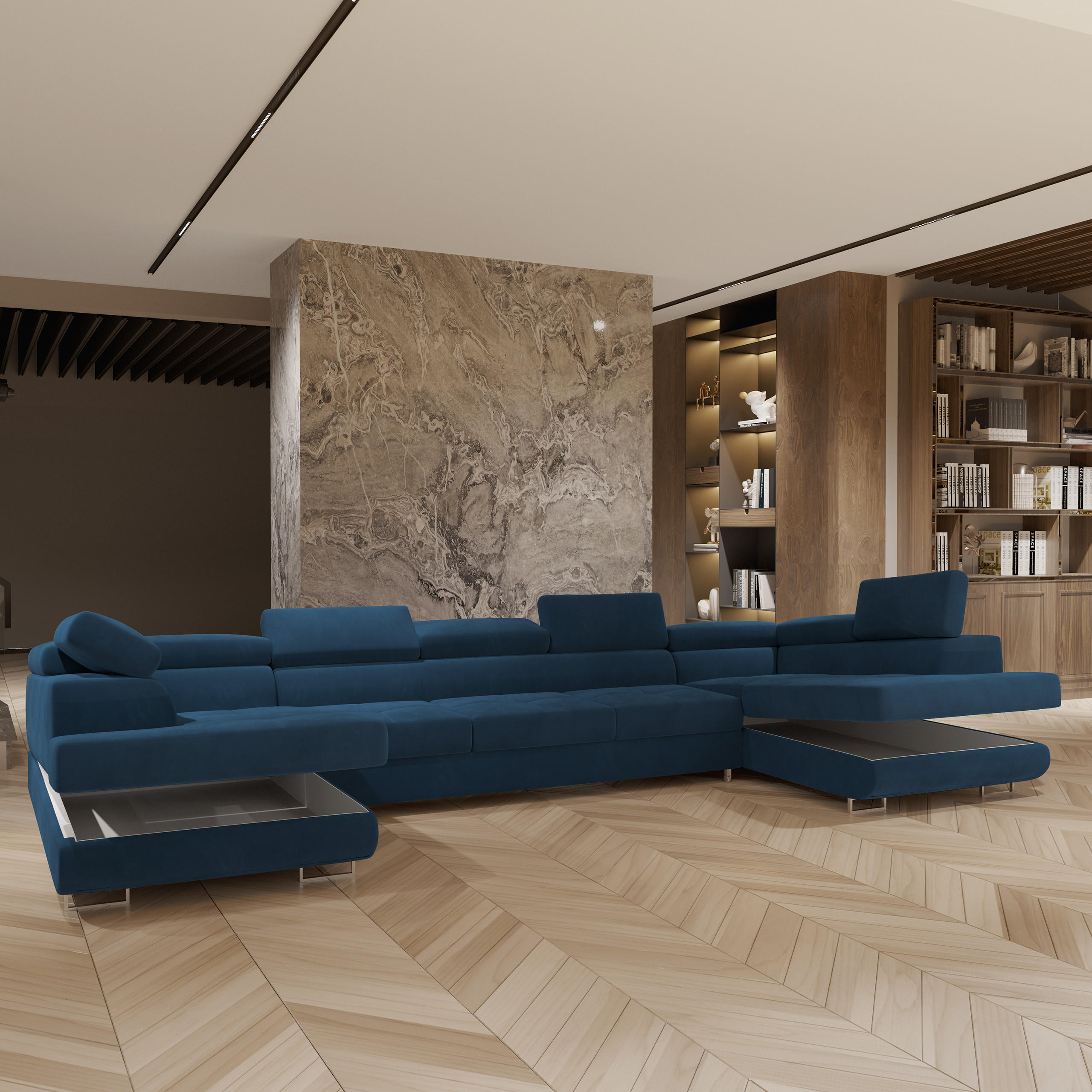 WOHNLANDSCHAFT ISOLANO Blau Velours-Stoff mit Schlaffunktion - Blau, Holz (408/90/202cm) - MASSENO