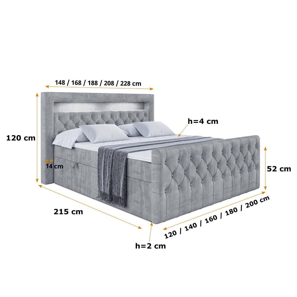 BOXBETT AURORA - 120x200 - H4 - Grau - Grau, Holzwerkstoff (120/200cm) - ALTDECOR
