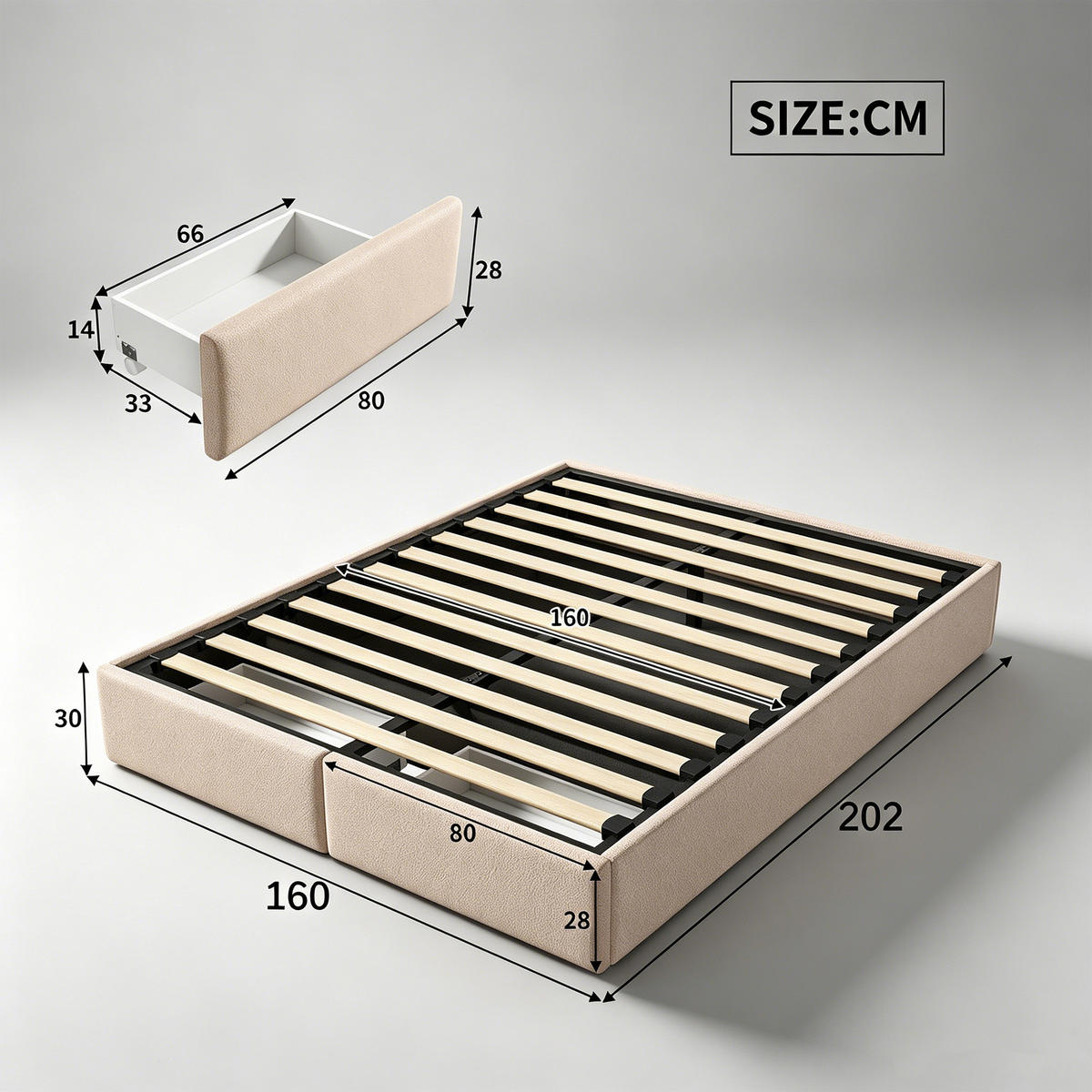POLSTERBETT 160x200 mit stauraum, doppelbett mit 2 Schublade, Bettkasten, Lattenrost, ohne Kopfteil, Leinenstoff, beige - Beige, Holz/Textil (160/200cm) - GENKI LIVING