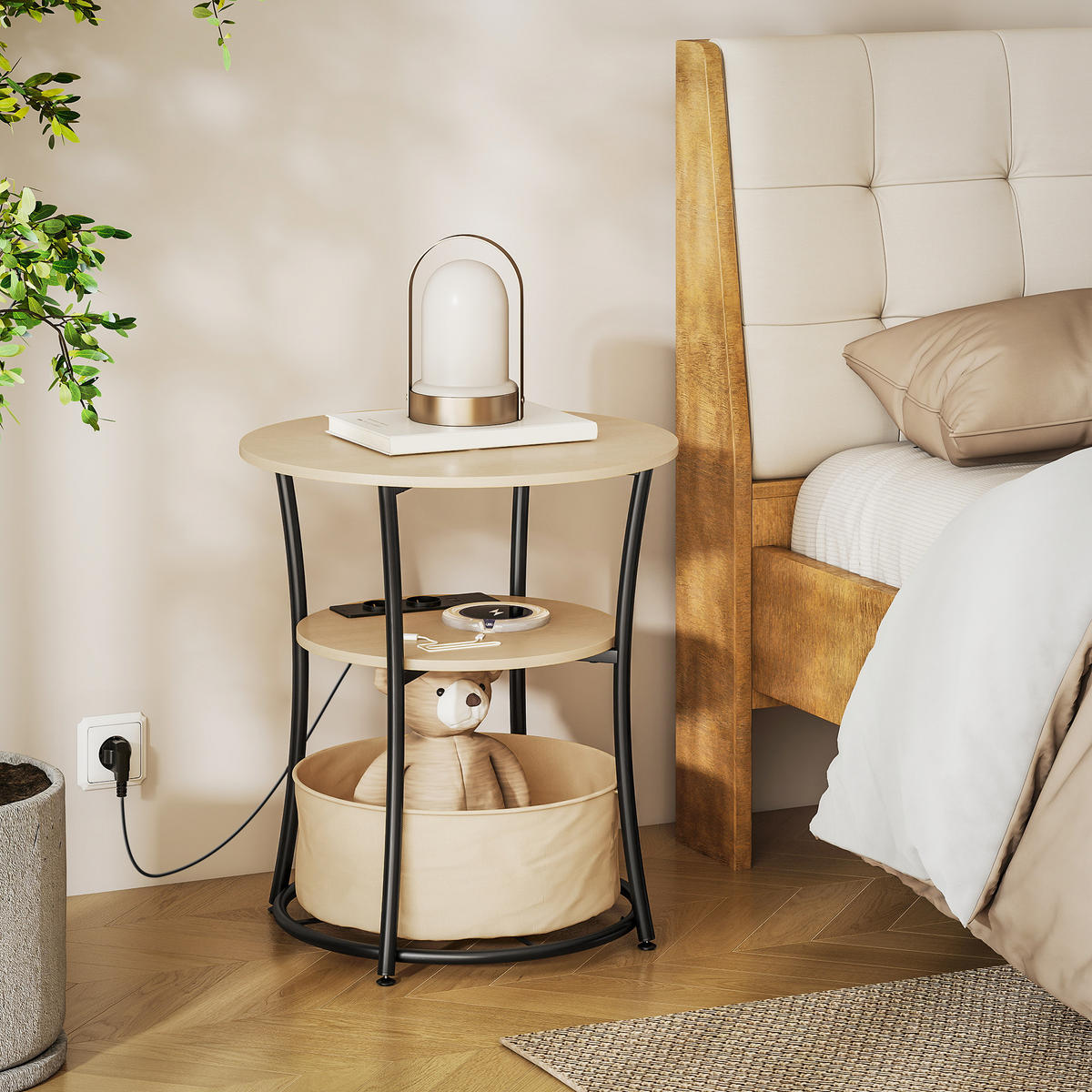 BEISTELLTISCH 3-stufiger Couchtisch mit Ladestation, Tasche, Ablage Naturholz - Schwarz/Naturfarben, Holzwerkstoff/Metall (50/50/55.1cm) - HOMCOM