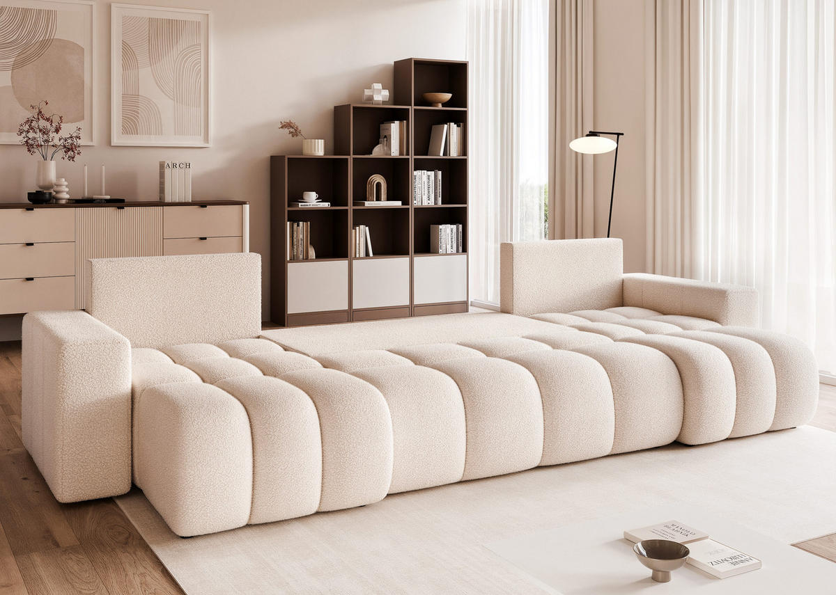 WOHNLANDSCHAFT OFI mit Schlaffunktion und Bettkasten Creme - Creme, Holzwerkstoff/Kunststoff (318/79/145cm) - Idohome