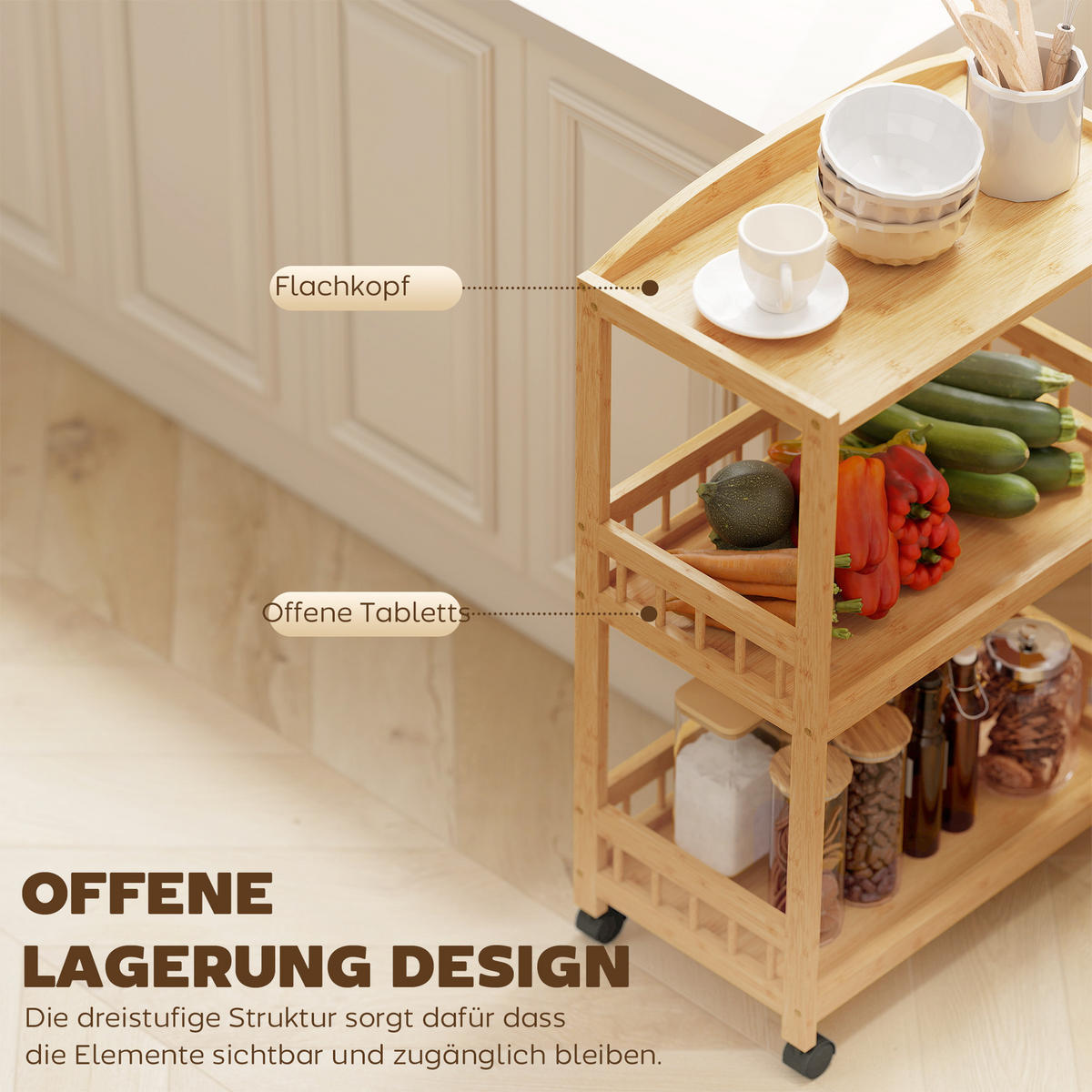 KÜCHENWAGEN, Rollbarer Servierwagen mit 3 Ebenen, Naturholz, für Küche, Bad und Büro, praktisch - Multicolor, Metall (53/83/30.5cm) - FORIOUS