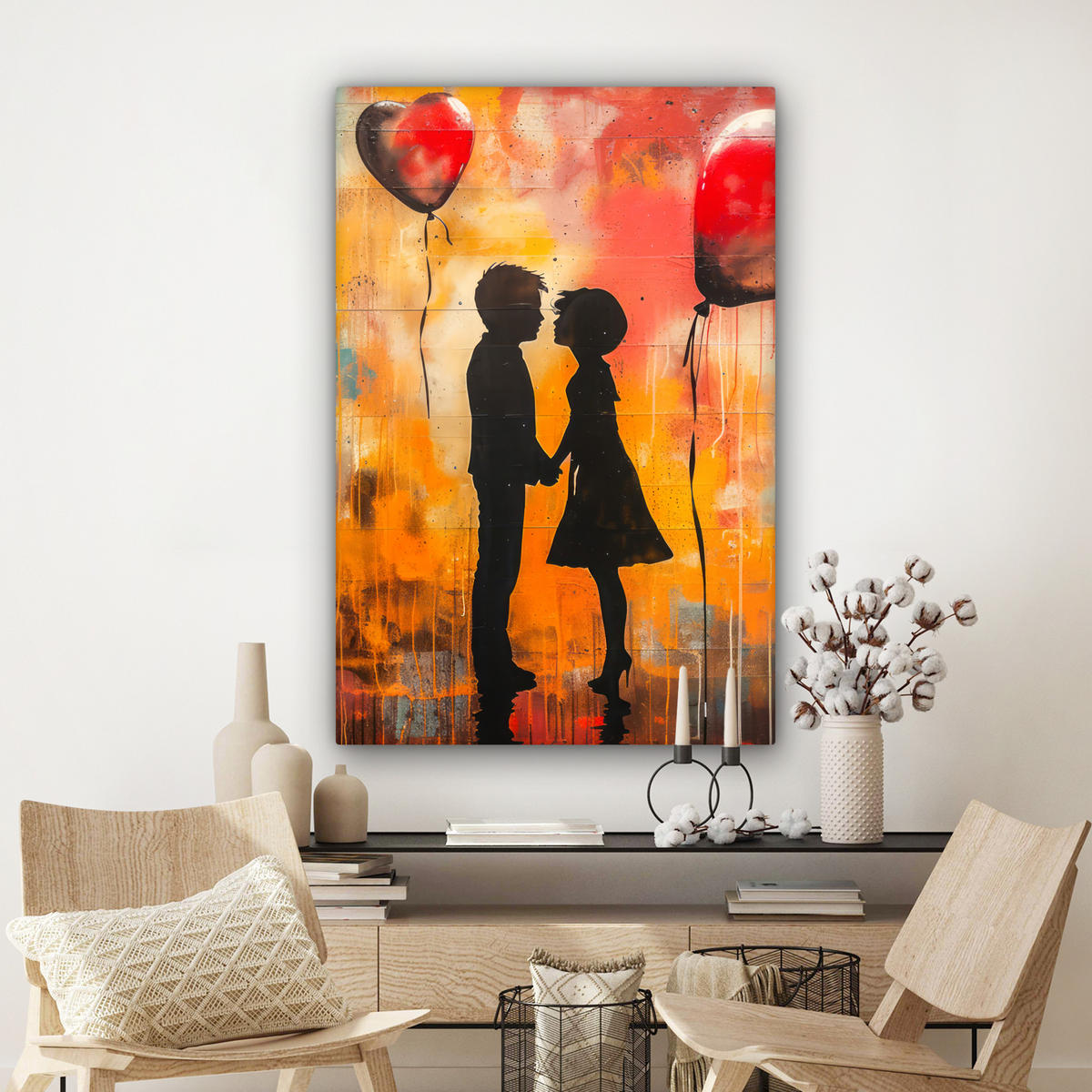 LEINWANDBILD Straßenkunst - Liebe - Graffiti - Kunst - Banksy 80x120 cm - Orange, Textil (80/120cm) - MuchoWow